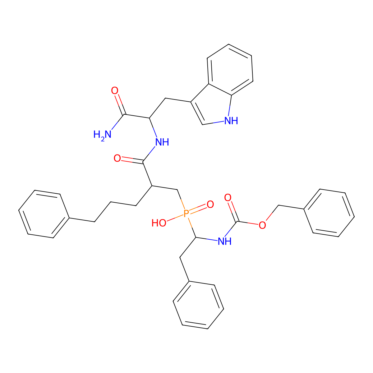 [(2S)-2-[[(2S)-1-amino-3-(1H-indol-3-yl)-1-oxopropan-2-yl]carbamoyl]-5-phenylpentyl]-[(1R)-2-phenyl-1-(phenylmethoxycarbonylamino)ethyl]phosphinic acid molecular structure, CAS 284667-65-8