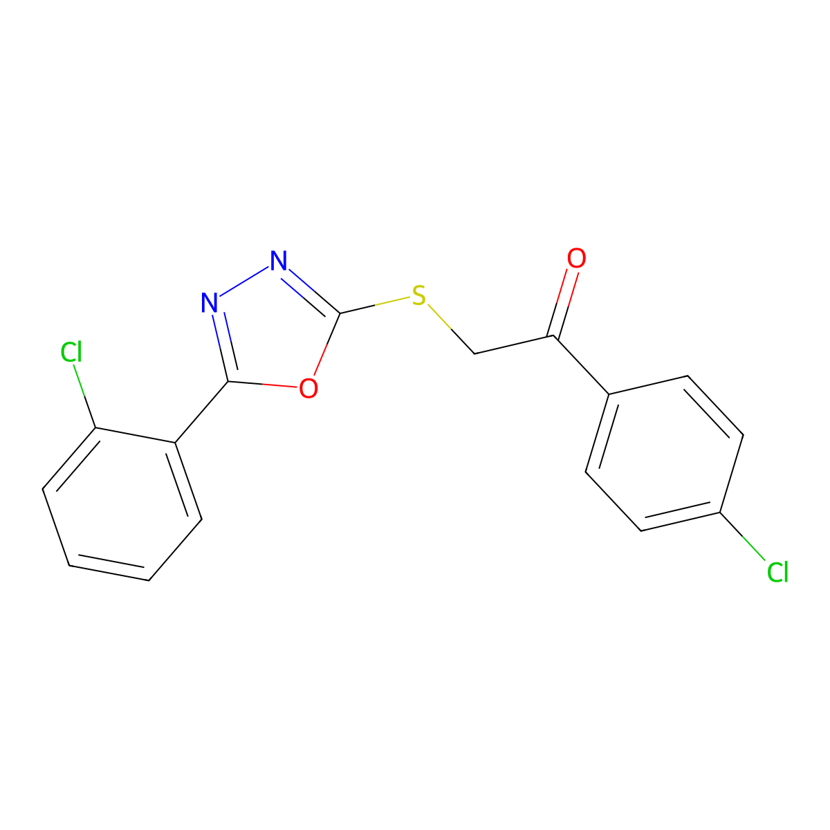 1-(4-Chlorophenyl)-2-((5-(2-chlorophenyl)-1,3,4-oxadiazol-2-yl)thio)ethanone molecular structure, CAS 284668-56-0