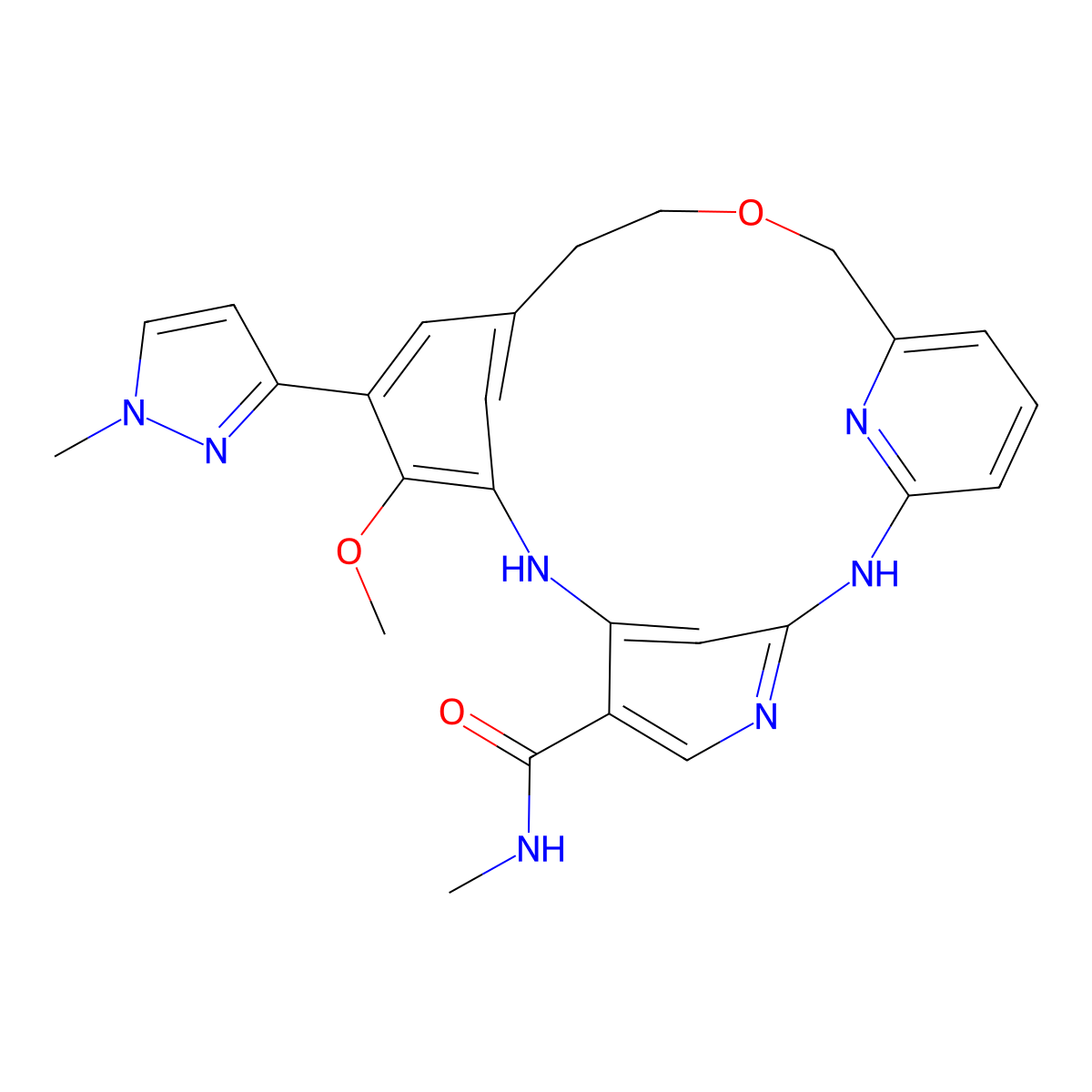 10-methoxy-N-methyl-11-(1-methylpyrazol-3-yl)-16-oxa-2,4,8,22-tetrazatetracyclo[16.3.1.13,7.19,13]tetracosa-1(21),3,5,7(24),9(23),10,12,18(22),19-nonaene-6-carboxamide molecular structure, CAS 2848664-42-4
