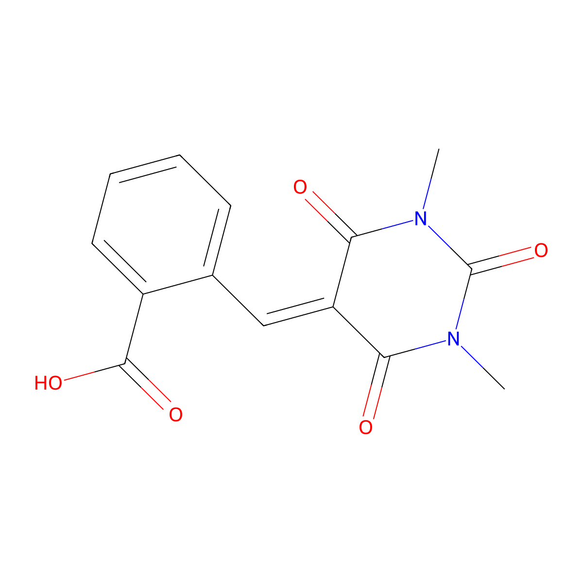 2-((1,3-dimethyl-2,4,6-trioxotetrahydropyrimidin-5(2H)-ylidene)methyl)benzoic acid molecular structure, CAS 2848717-35-9