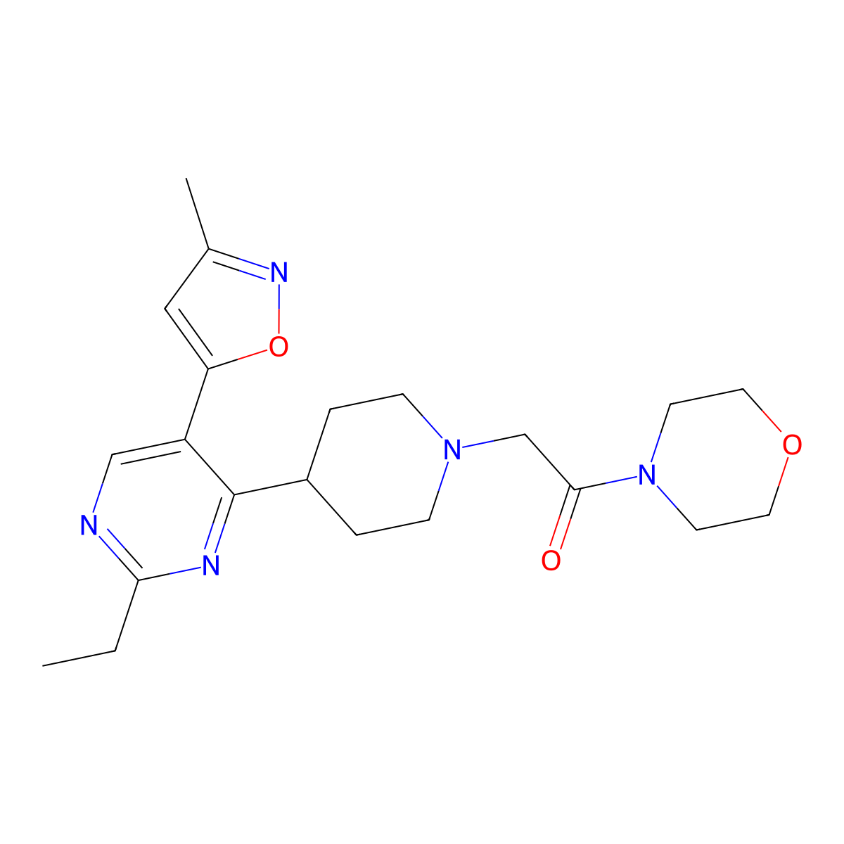 2-[4-[2-Ethyl-5-(3-methyl-1,2-oxazol-5-yl)pyrimidin-4-yl]piperidin-1-yl]-1-morpholin-4-ylethanone molecular structure, CAS 2849471-75-4