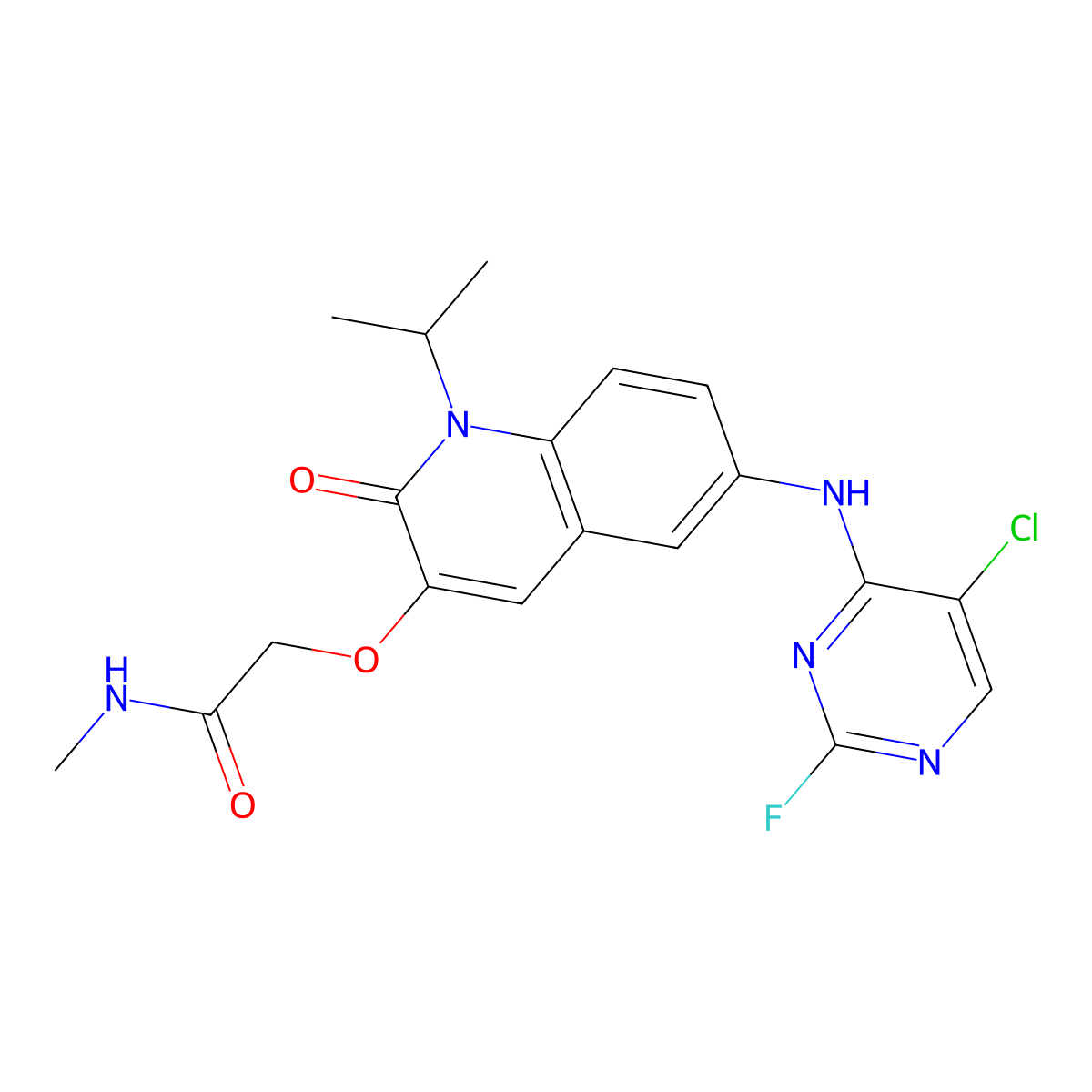 2-((6-((5-chloro-2-fluoropyrimidin-4-yl)amino)-1-isopropyl-2-oxo-1,2-dihydroquinolin-3-yl)oxy)-N-methylacetamide molecular structure, CAS 2851890-83-8