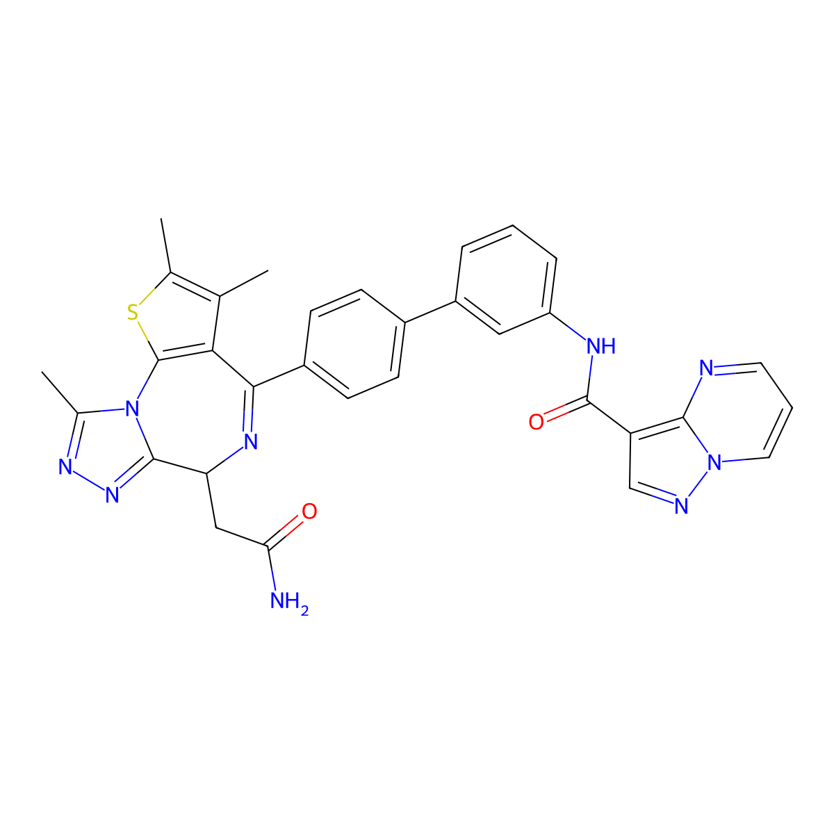 N-[3-[4-[(9S)-9-(2-amino-2-oxoethyl)-4,5,13-trimethyl-3-thia-1,8,11,12-tetrazatricyclo[8.3.0.02,6]trideca-2(6),4,7,10,12-pentaen-7-yl]phenyl]phenyl]pyrazolo[1,5-a]pyrimidine-3-carboxamide molecular structure, CAS 2851986-76-8