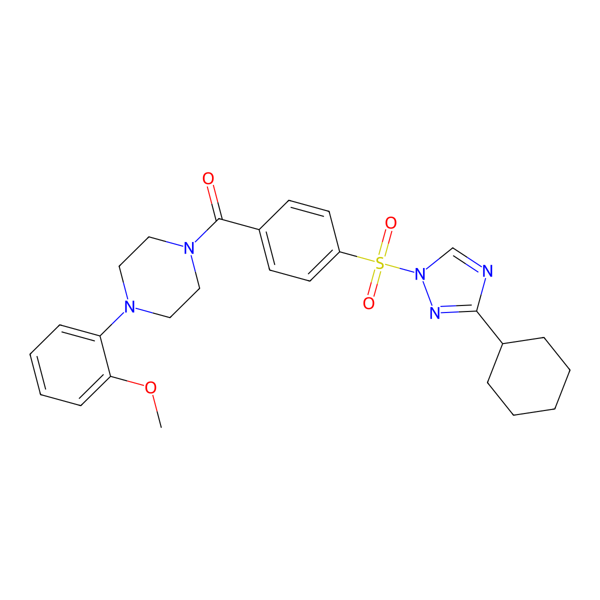 [4-[(3-Cyclohexyl-1,2,4-triazol-1-yl)sulfonyl]phenyl]-[4-(2-methoxyphenyl)piperazin-1-yl]methanone molecular structure, CAS 2851993-77-4