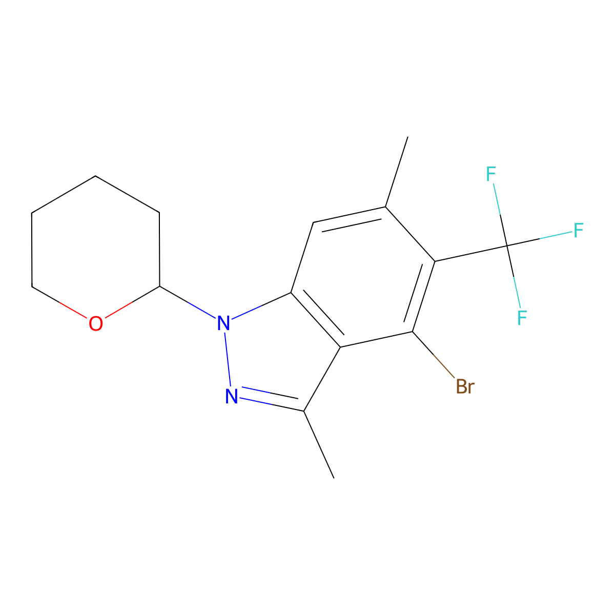 4-Bromo-3,6-dimethyl-1-(oxan-2-YL)-5-(trifluoromethyl)-1H-indazole molecular structure, CAS 2852766-90-4