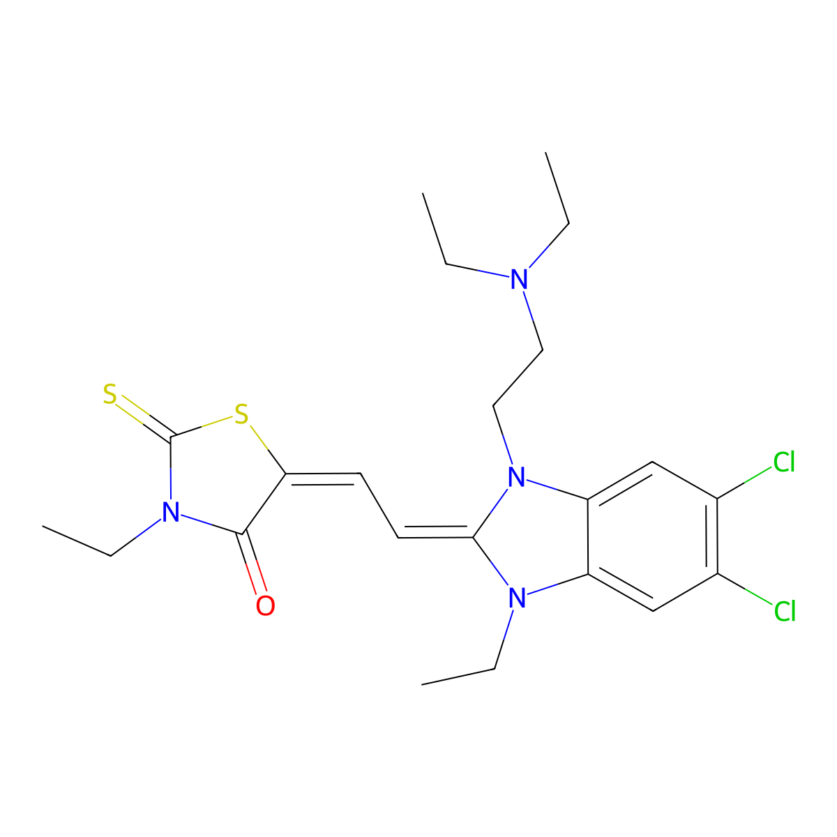 5-(2-(5,6-Dichloro-1-(2-(diethylamino)ethyl)-3-ethyl-1,3-dihydro-2H-benzimidazol-2-ylidene)ethylidene)-3-ethyl-2-thioxo-4-thiazolidinone molecular structure, CAS 28543-87-5