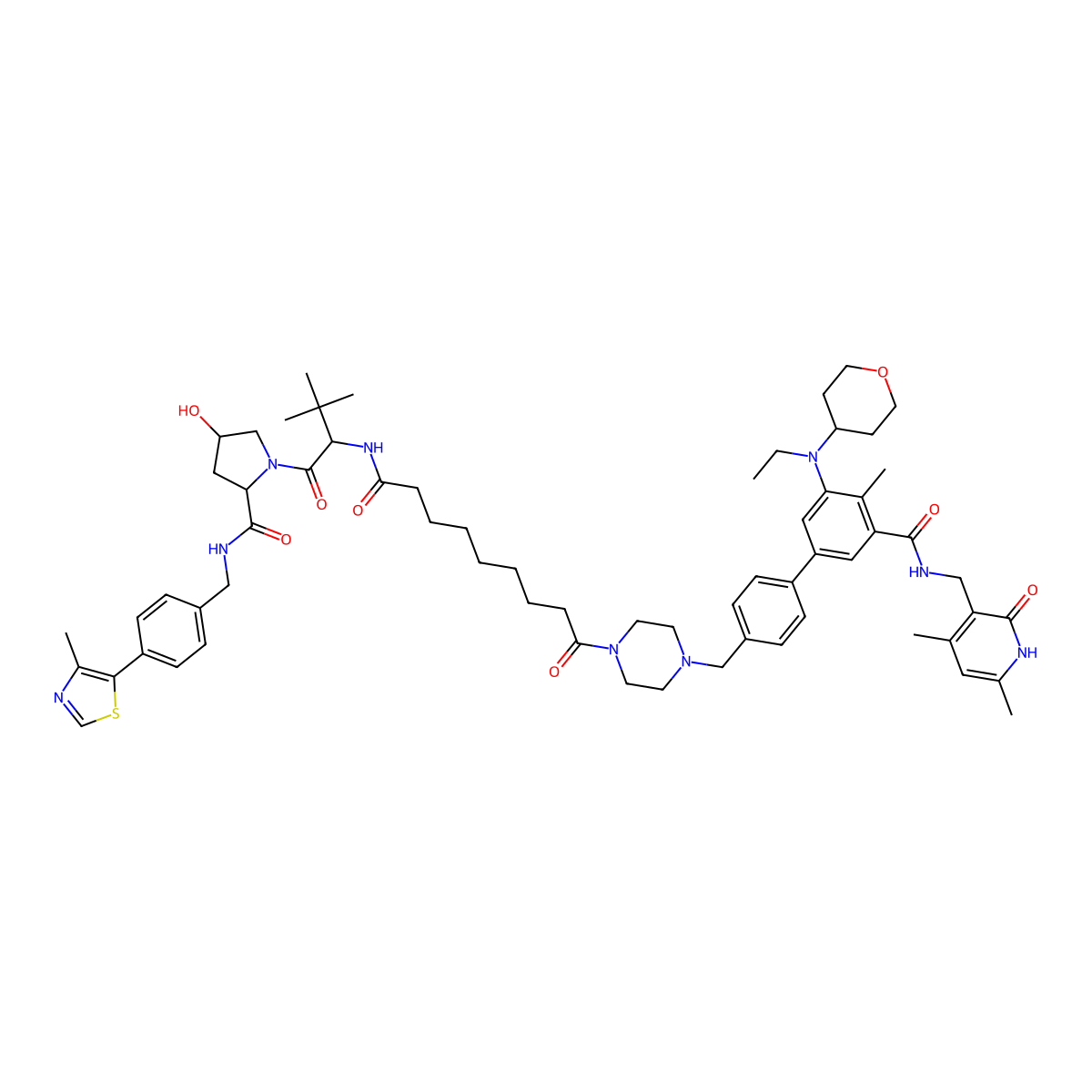 (2S,4R)-1-[(2S)-2-(9-{4-[(3'-{[(4,6-dimethyl-2-oxo-1,2-dihydropyridin-3-yl)methyl]carbamoyl}-5'-[ethyl(oxan-4-yl)amino]-4'-methyl-[1,1'-biphenyl]-4-yl)methyl]piperazin-1-yl}-9-oxononanamido)-3,3-dimethylbutanoyl]-4-hydroxy-N-{[4-(4-methyl-1,3-thiazol-5-yl)phenyl]methyl}pyrrolidine-2-carboxamide molecular structure, CAS 2855085-25-3