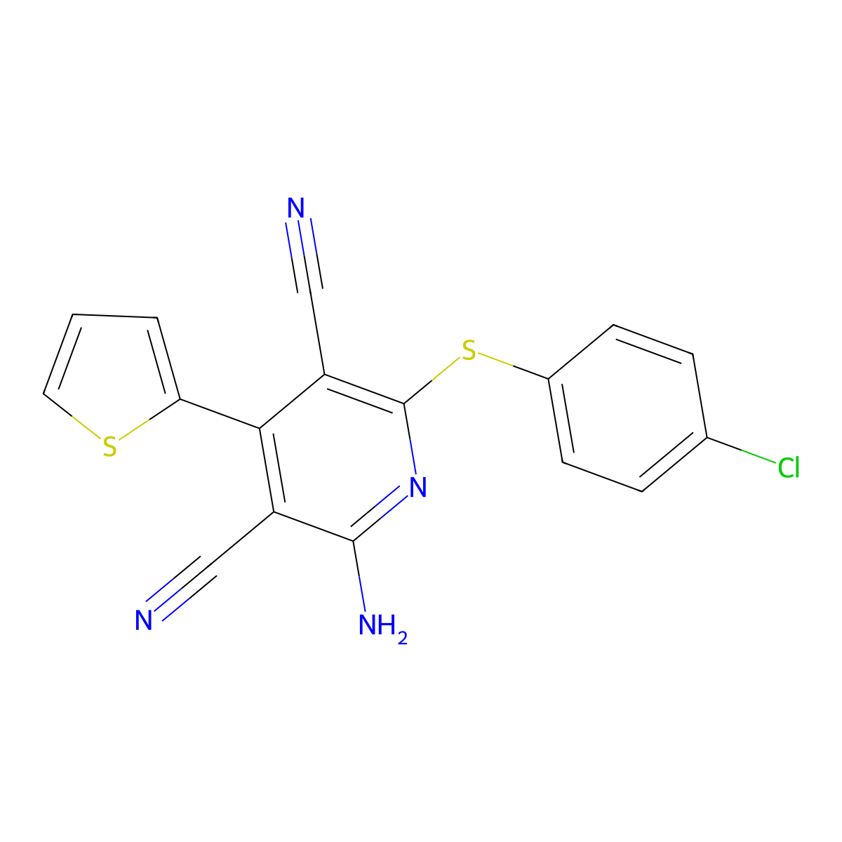 2-Amino-6-[(4-chlorophenyl)sulfanyl]-4-(thiophen-2-yl)pyridine-3,5-dicarbonitrile molecular structure, CAS 285558-52-3