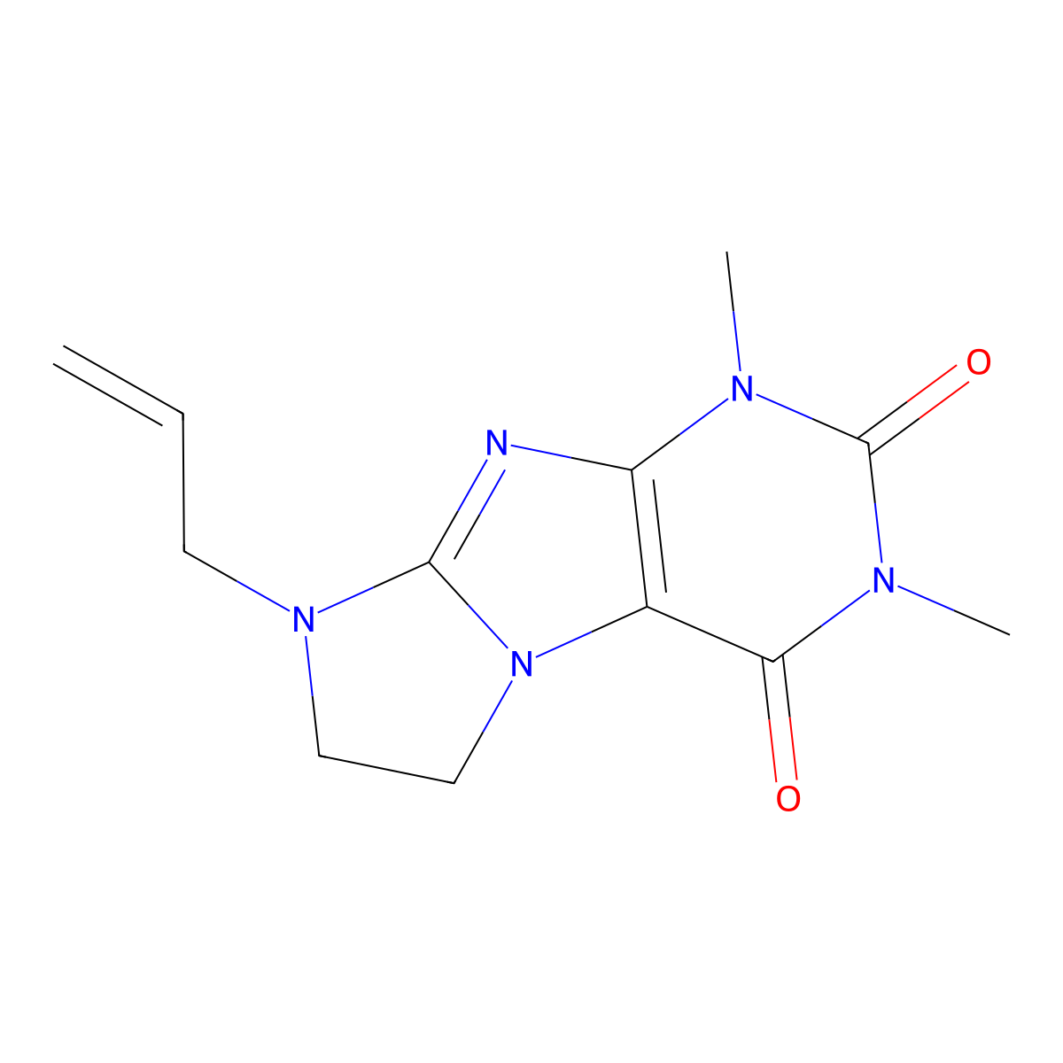 1H-Imidazo(2,1-f)purine-2,4(3H,6H)-dione, 7,8-dihydro-8-allyl-1,3-dimethyl- molecular structure, CAS 28557-25-7