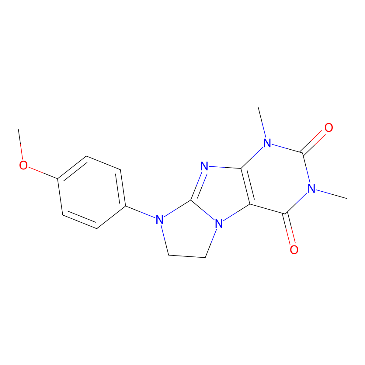 7,8-Dihydro-8-(p-methoxyphenyl)-1,3-dimethyl-1H-imidazo[2,1-f]purine-2,4(3H,6H)-dione molecular structure, CAS 28557-28-0