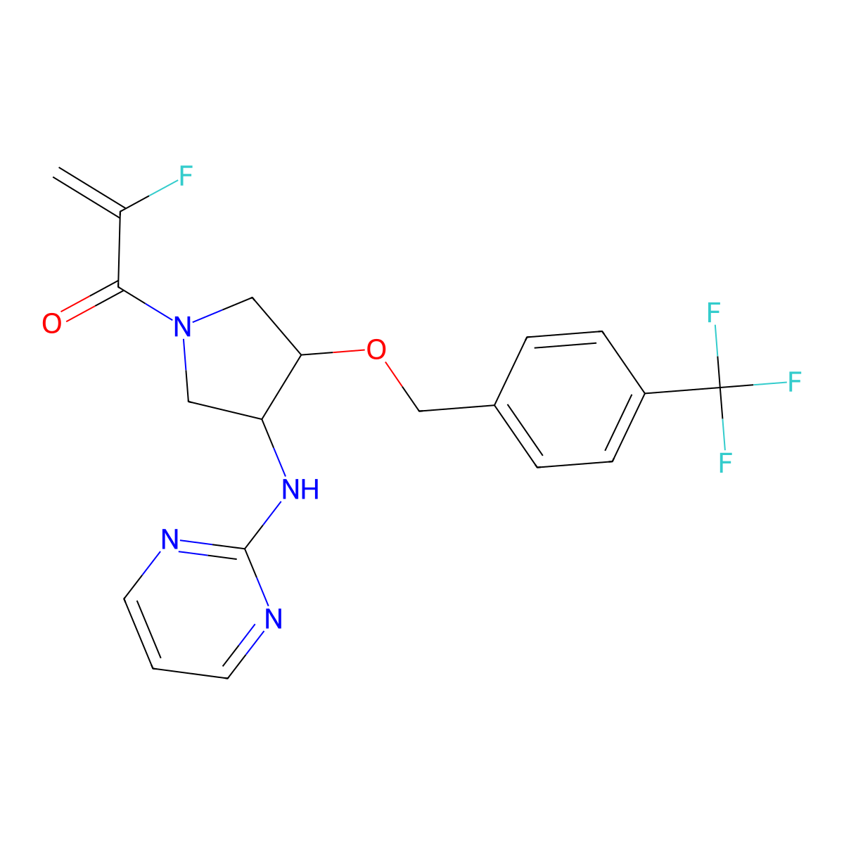 2-fluoro-1-[(3R,4R)-3-(pyrimidin-2-ylamino)-4-[[4-(trifluoromethyl)phenyl]methoxy]pyrrolidin-1-yl]prop-2-en-1-one molecular structure, CAS 2857937-59-6