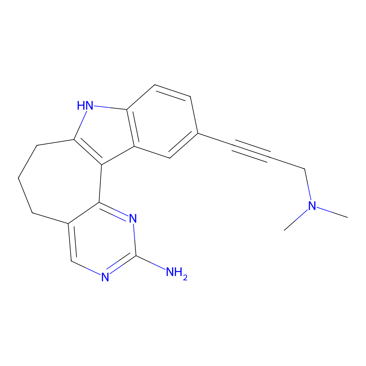(3-(4-Imino-3,5,12-triazatetracyclo(9.7.0.0^(2,7).0^(13,18))octadeca-1(11),2,6,13,15,17-hexaen-16-yl)prop-2-yn-1-yl)dimethylamine molecular structure, CAS 2857982-26-2