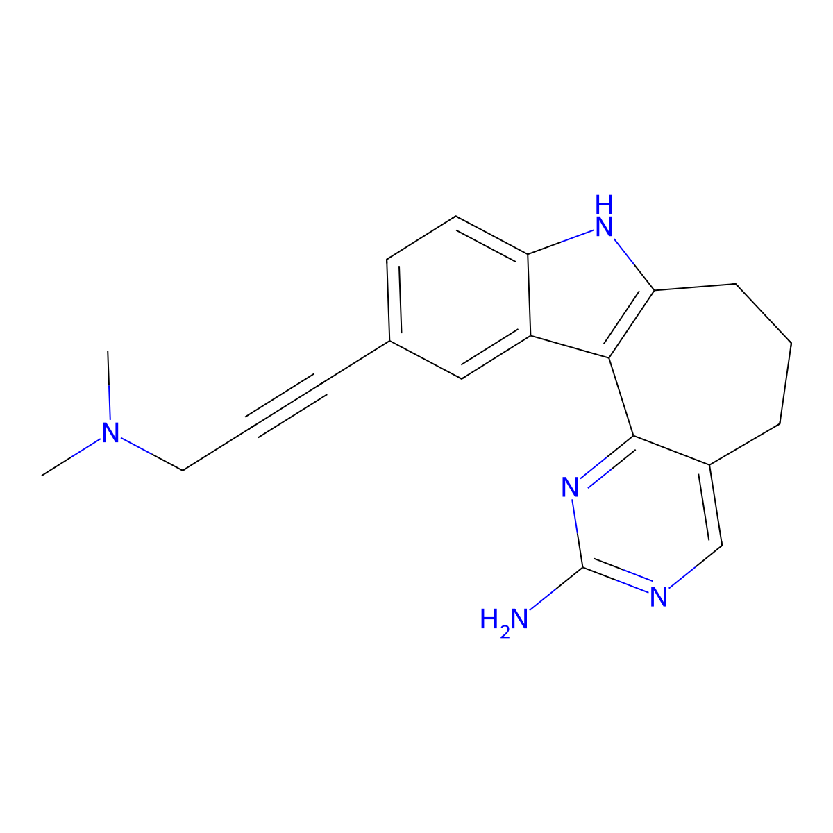 (3-(4-Imino-3,5,12-triazatetracyclo(9.7.0.0^(2,7).0^(13,18))octadeca-1(11),2,6,13,15,17-hexaen-16-yl)prop-2-yn-1-yl)dimethylamine molecular structure, CAS 2857982-26-2