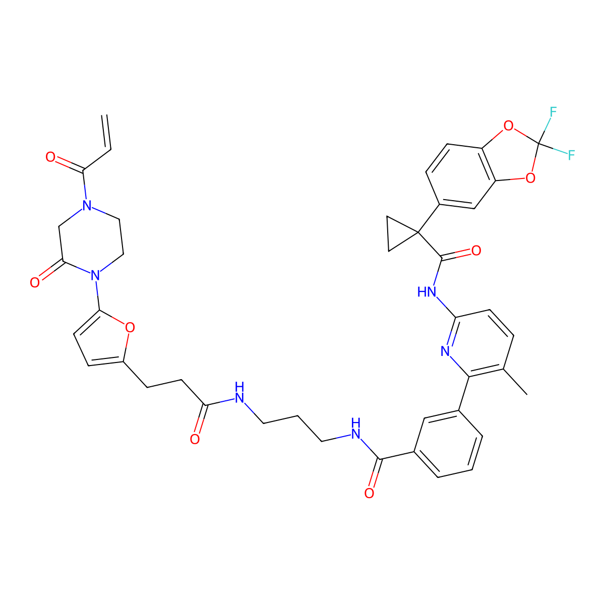 N-(3-(3-(5-(4-Acryloyl-2-oxopiperazin-1-YL)furan-2-YL)propanamido)propyl)-3-(6-(1-(2,2-difluorobenzo[D][1,3]dioxol-5-YL)cyclopropane-1-carboxamido)-3-methylpyridin-2-YL)benzamide molecular structure, CAS 2858812-69-6