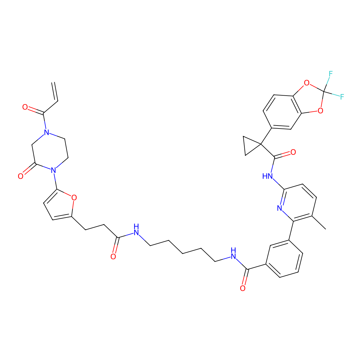 3-[6-[[1-(2,2-difluoro-1,3-benzodioxol-5-yl)cyclopropanecarbonyl]amino]-3-methyl-2-pyridinyl]-N-[5-[3-[5-(2-oxo-4-prop-2-enoylpiperazin-1-yl)furan-2-yl]propanoylamino]pentyl]benzamide molecular structure, CAS 2858812-70-9