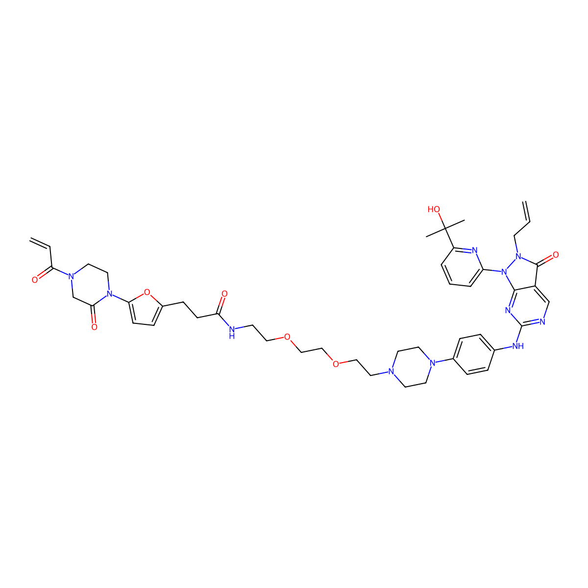N-[2-[2-[2-[4-[4-[[1-[6-(2-hydroxypropan-2-yl)-2-pyridinyl]-3-oxo-2-prop-2-enylpyrazolo[3,4-d]pyrimidin-6-yl]amino]phenyl]piperazin-1-yl]ethoxy]ethoxy]ethyl]-3-[5-(2-oxo-4-prop-2-enoylpiperazin-1-yl)furan-2-yl]propanamide molecular structure, CAS 2858812-91-4