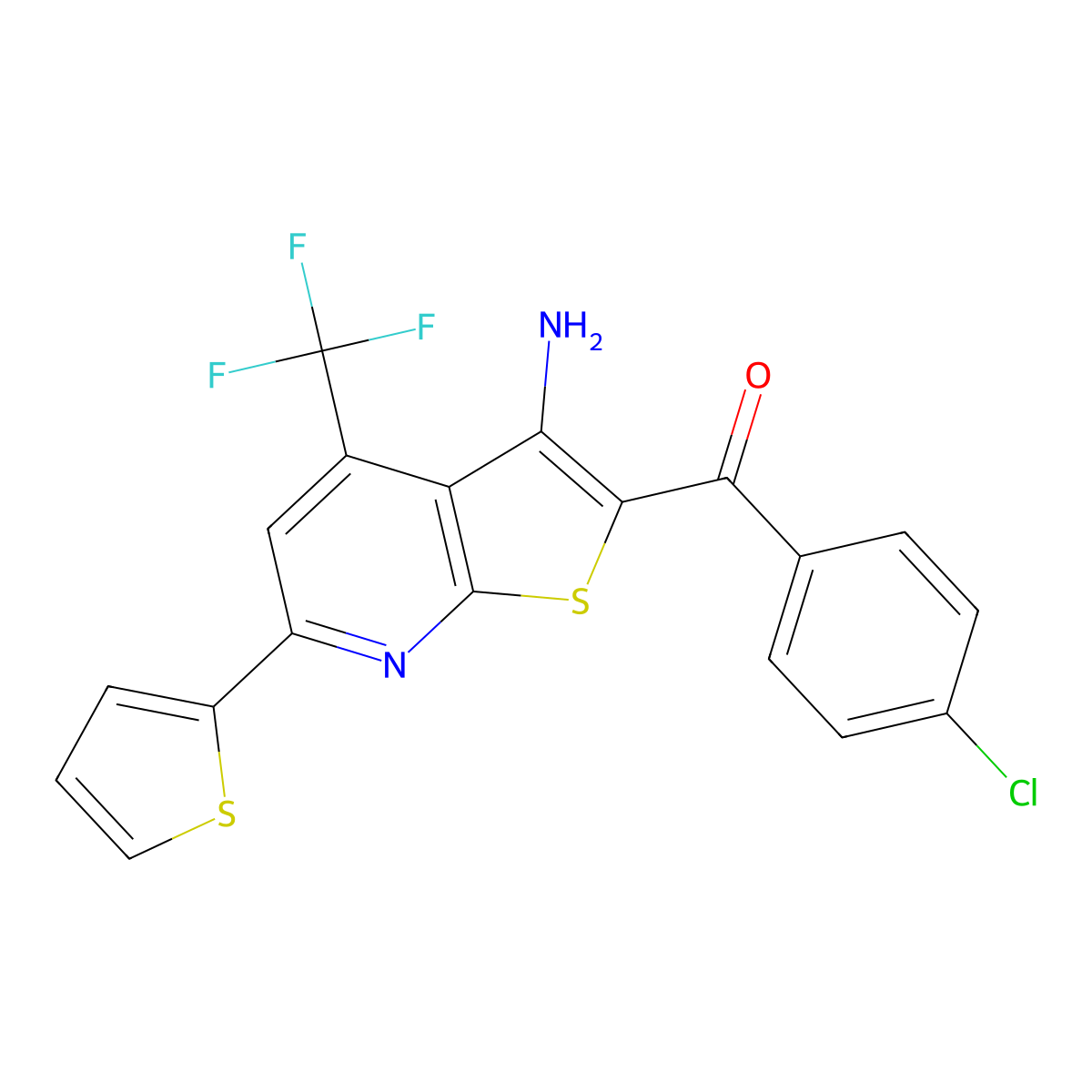 [3-Amino-6-thiophen-2-yl-4-(trifluoromethyl)thieno[2,3-b]pyridin-2-yl]-(4-chlorophenyl)methanone molecular structure, CAS 285980-93-0