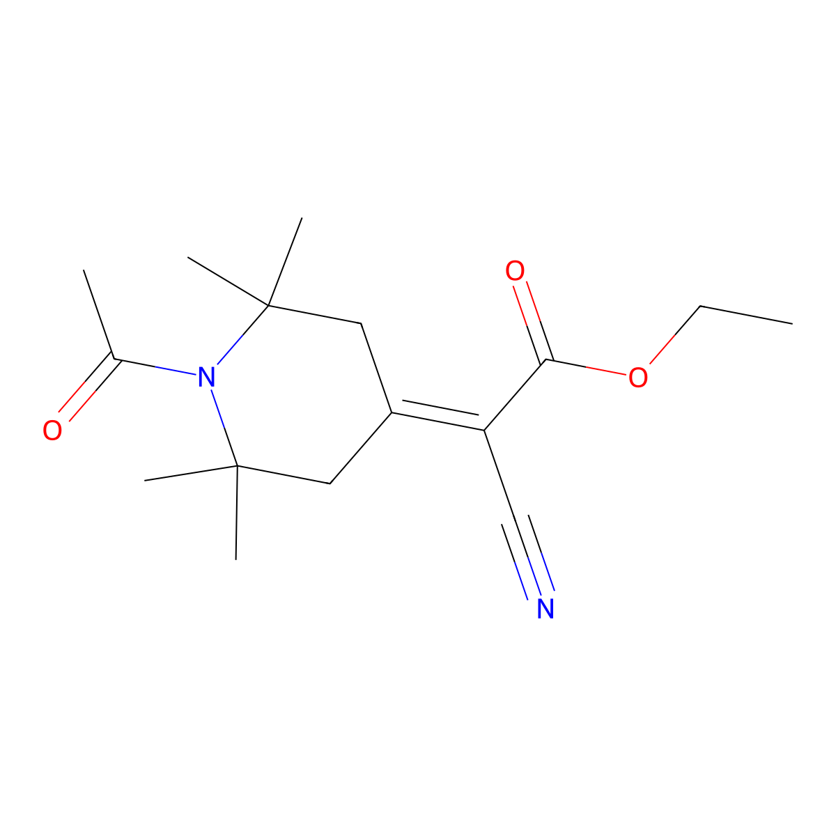 Ethyl 2-(1-acetyl-2,2,6,6-tetramethyl-4-piperidinylidene)-2-cyanoacetate molecular structure, CAS 28613-38-9