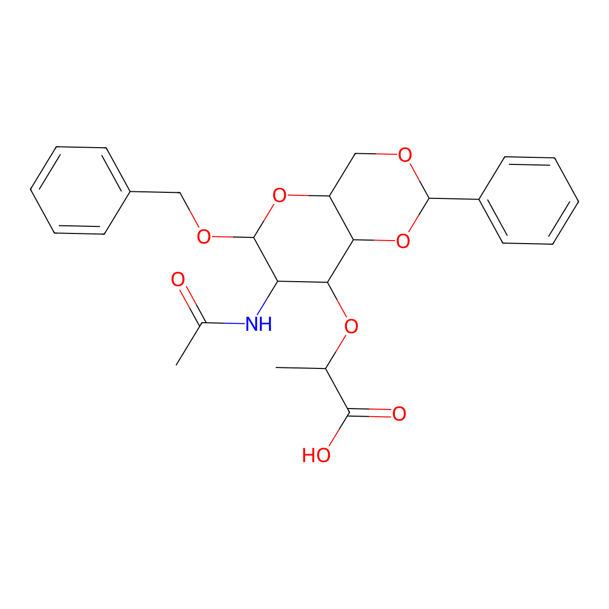 2-[[7-(Acetylamino)-6-(benzyloxy)-2-phenylperhydropyrano[3,2-D][1,3]dioxin-8-YL]oxy]propanoic acid molecular structure, CAS 2862-03-5