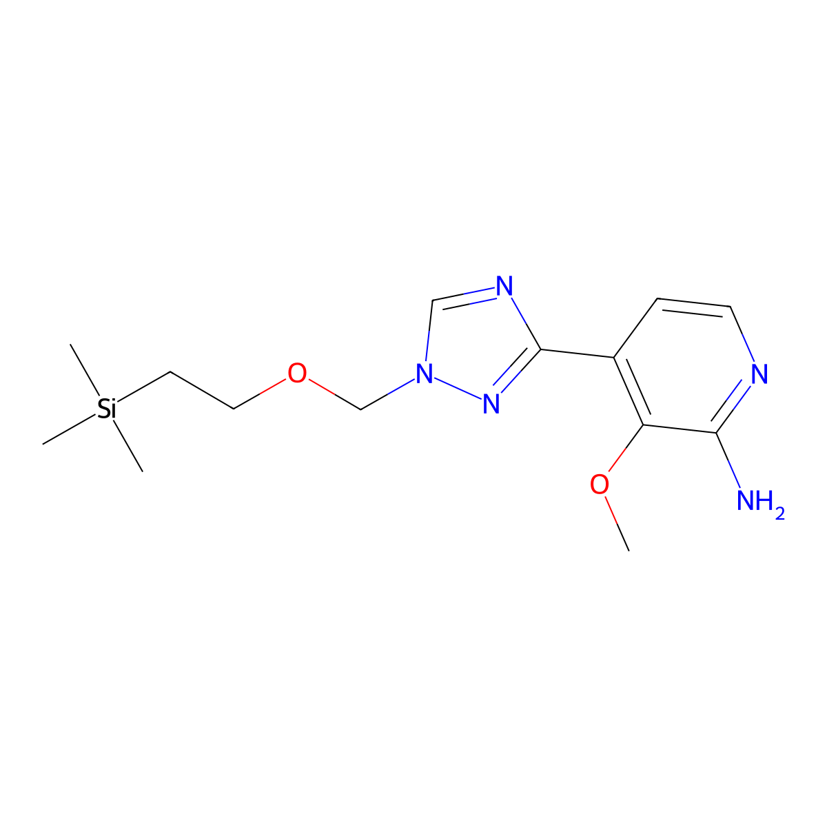 3-methoxy-4-(1-((2-(trimethylsilyl)ethoxy)methyl)-1H-1,2,4-triazol-3-yl)pyridin-2-amine molecular structure, CAS 2862836-70-0