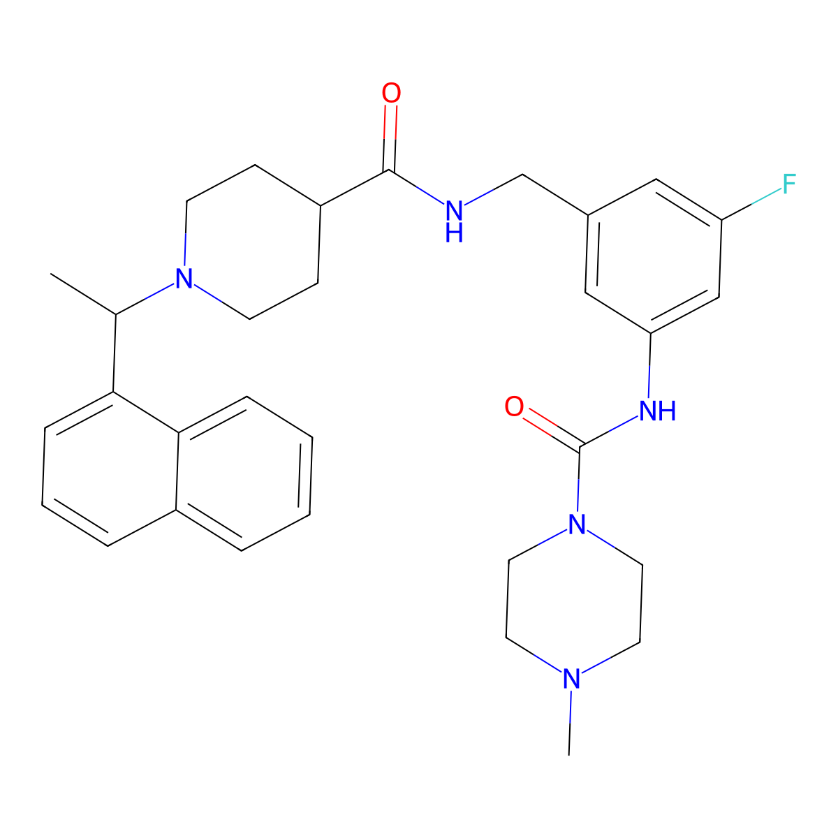 N-{3-fluoro-5-[({1-[(1R)-1-(naphthalen-1-yl)ethyl]piperidin-4-yl}formamido)methyl]phenyl}-4-methylpiperazine-1-carboxamide molecular structure, CAS 2863607-73-0