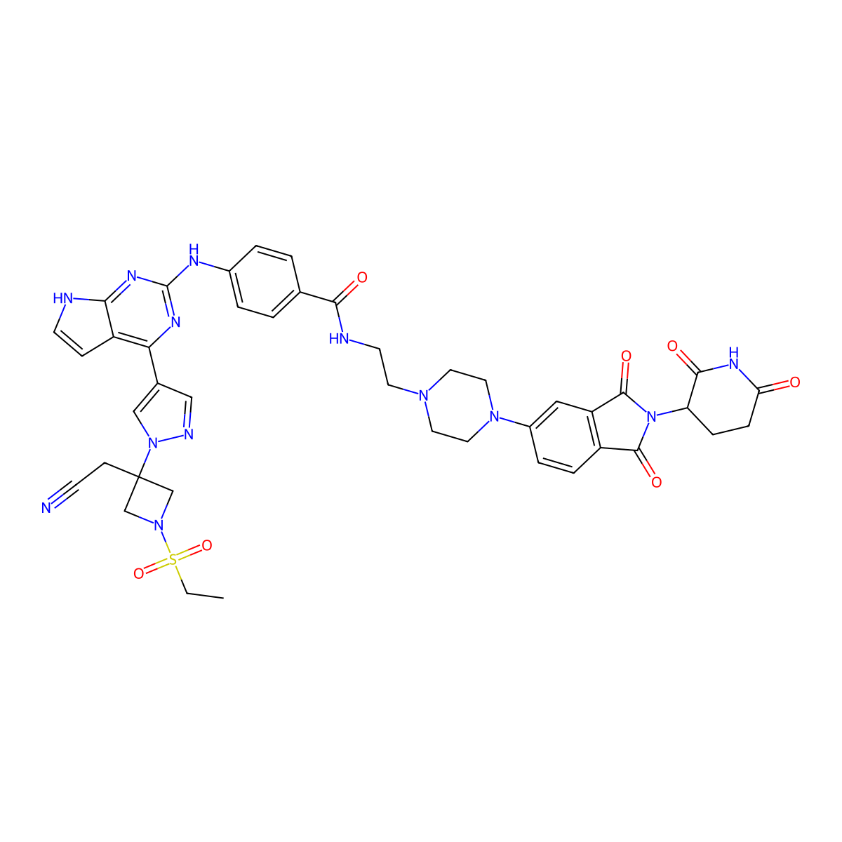 4-[[4-[1-[3-(cyanomethyl)-1-ethylsulfonylazetidin-3-yl]pyrazol-4-yl]-7H-pyrrolo[2,3-d]pyrimidin-2-yl]amino]-N-[2-[4-[2-(2,6-dioxopiperidin-3-yl)-1,3-dioxoisoindol-5-yl]piperazin-1-yl]ethyl]benzamide molecular structure, CAS 2863634-96-0