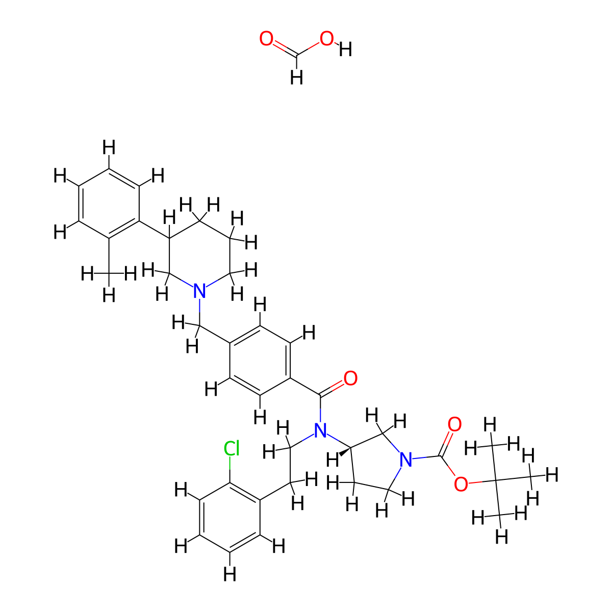 Tert-butyl (3S)-3-(N-(2-chlorophenethyl)-4-((3-(O-tolyl)piperidin-1-YL)methyl)benzamido)pyrrolidine-1-carboxylate formate molecular structure, CAS 2863673-74-7