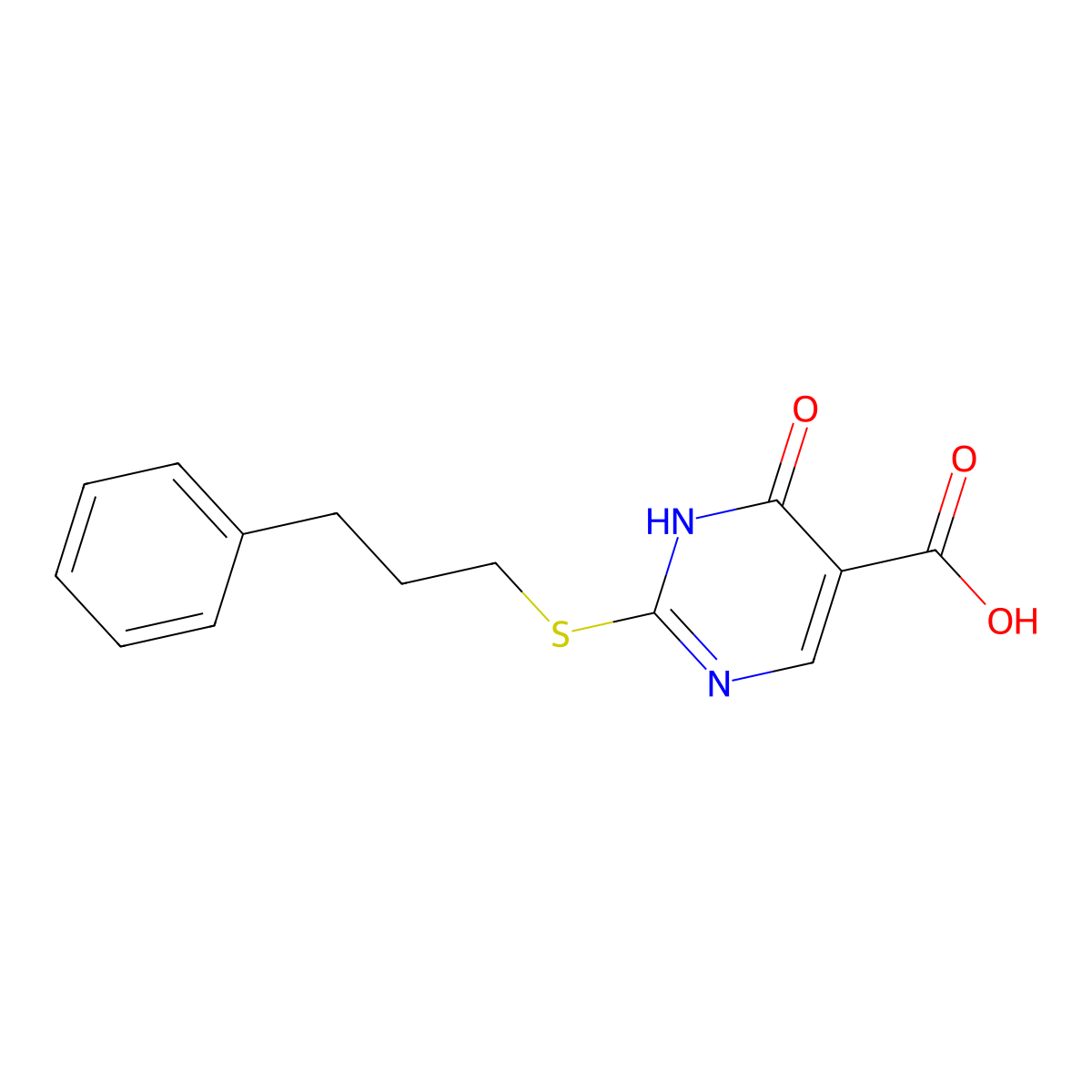 6-oxo-2-(3-phenylpropylsulfanyl)-1H-pyrimidine-5-carboxylic acid molecular structure, CAS 2863676-85-9