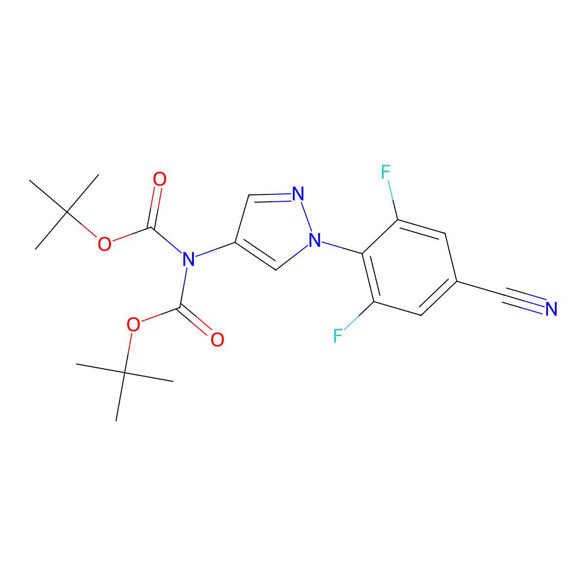 tert-butyl N-[1-(4-cyano-2,6-difluorophenyl)pyrazol-4-yl]-N-[(2-methylpropan-2-yl)oxycarbonyl]carbamate molecular structure, CAS 2863686-89-7