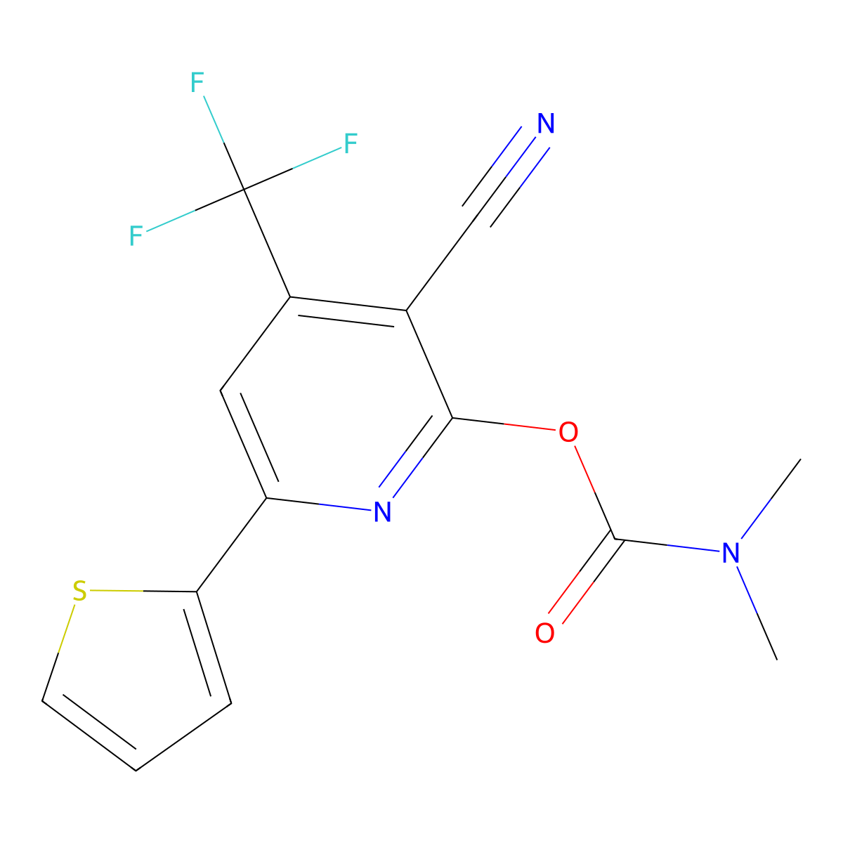 Carbamic acid, dimethyl-, 3-cyano-6-(2-thienyl)-4-(trifluoromethyl)-2-pyridinyl ester molecular structure, CAS 286435-87-8