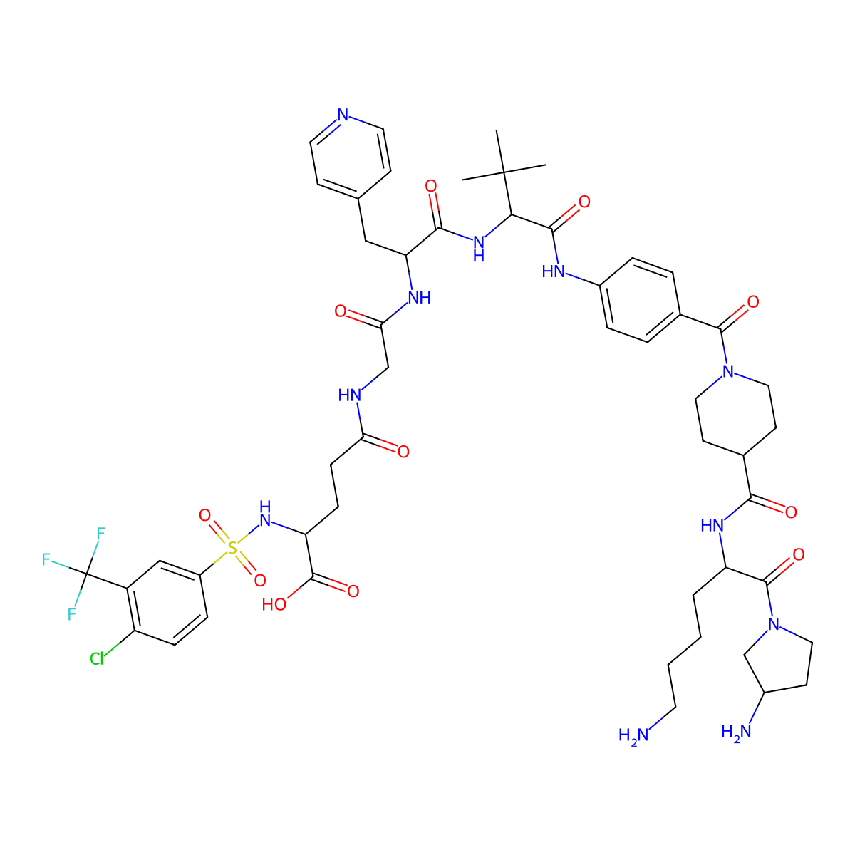 (2S)-5-[[2-[[(2S)-1-[[(2S)-1-[4-[4-[[(2R)-6-amino-1-[(3S)-3-aminopyrrolidin-1-yl]-1-oxohexan-2-yl]carbamoyl]piperidine-1-carbonyl]anilino]-3,3-dimethyl-1-oxobutan-2-yl]amino]-1-oxo-3-pyridin-4-ylpropan-2-yl]amino]-2-oxoethyl]amino]-2-[[4-chloro-3-(trifluoromethyl)phenyl]sulfonylamino]-5-oxopentanoic acid molecular structure, CAS 2865102-08-3