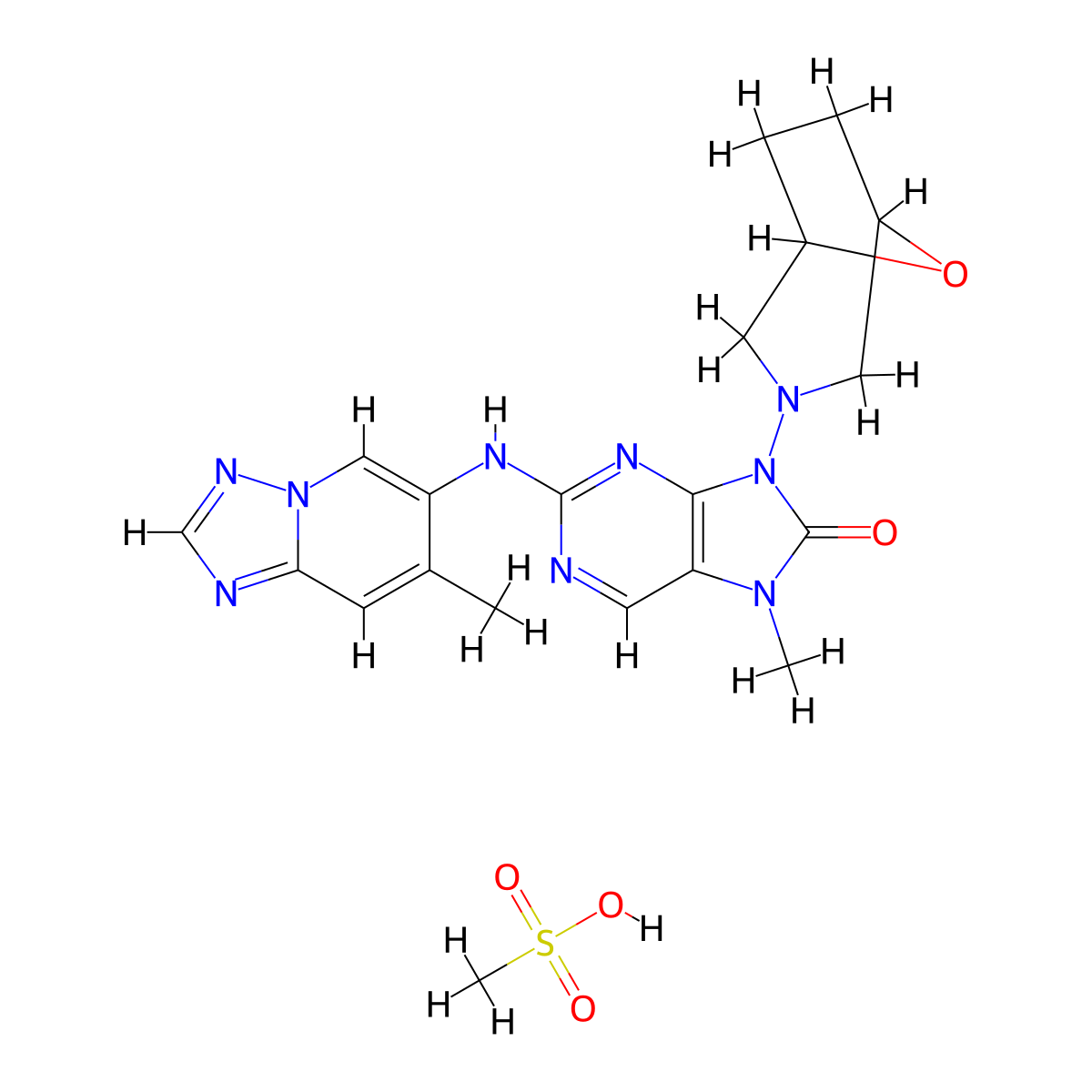 Methanesulfonic acid;7-methyl-2-[(7-methyl-[1,2,4]triazolo[1,5-a]pyridin-6-yl)amino]-9-(8-oxa-3-azabicyclo[3.2.1]octan-3-yl)purin-8-one molecular structure, CAS 2865115-39-3
