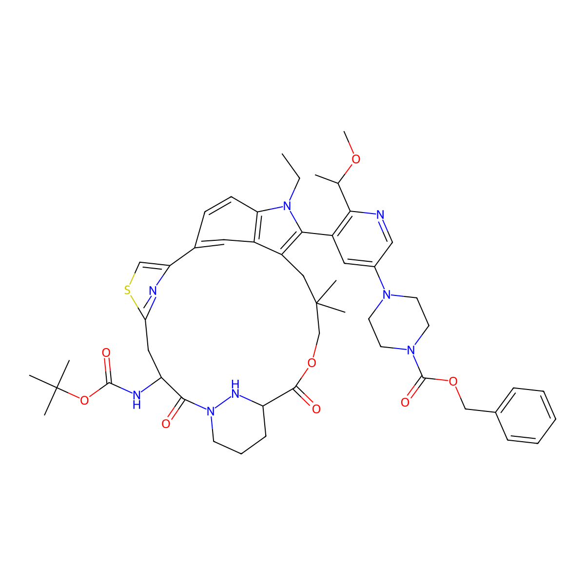 benzyl 4-(5-((63S,4S,Z)-4-((tert-butoxycarbonyl)amino)-11-ethyl-10,10-dimethyl-5,7-dioxo-61,62,63,64,65,66-hexahydro-11H-8-oxa-2(4,2)-thiazola-1(5,3)-indola-6(1,3)-pyridazinacycloundecaphane-12-yl)-6-((S)-1-methoxyethyl)pyridin-3-yl)piperazine-1-carboxylate molecular structure, CAS 2865127-15-5
