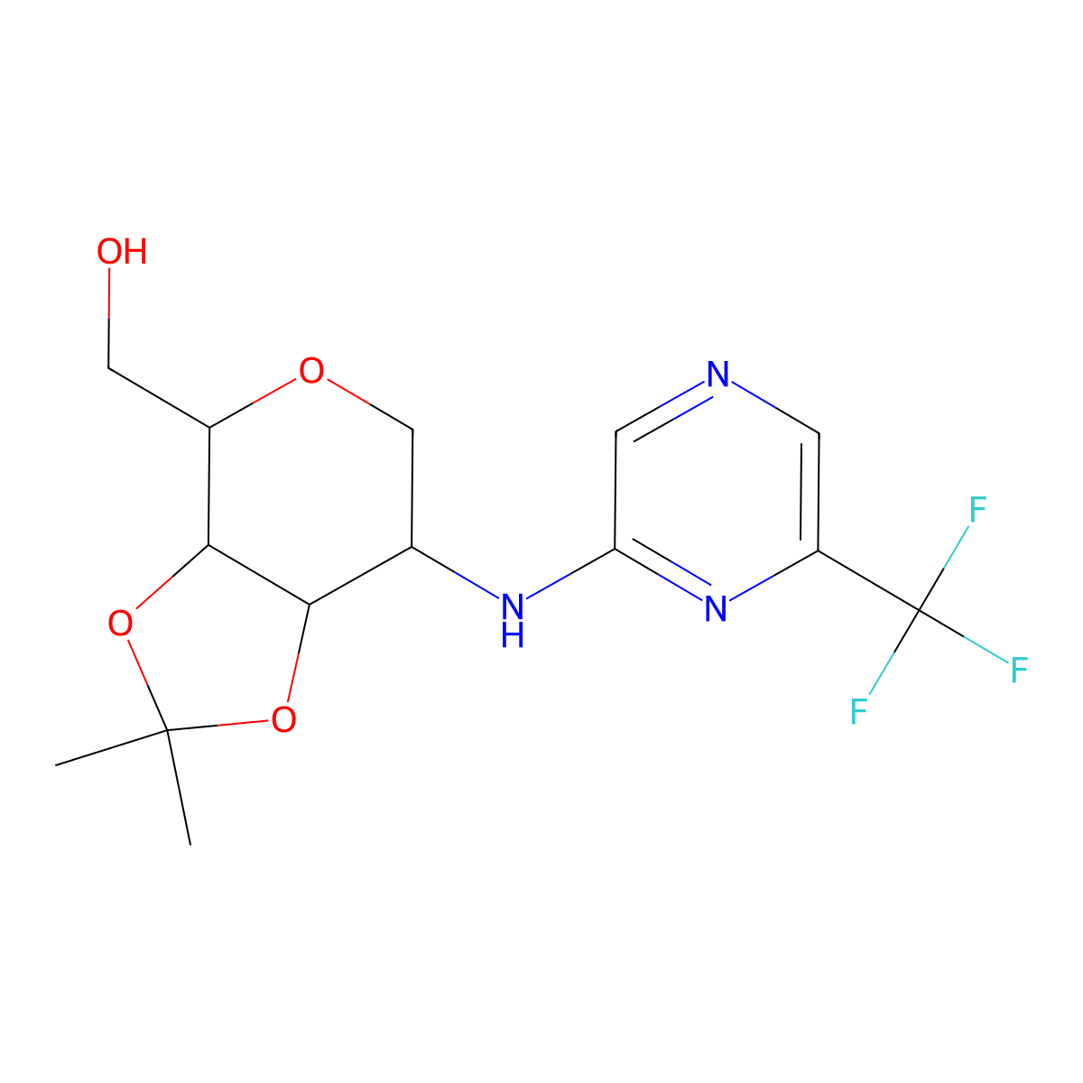 ((3aR,4R,7S,7aR)-2,2-dimethyl-7-((6-(trifluoromethyl)pyrazin-2-yl)amino)tetrahydro-4H-[1,3]dioxolo[4,5-c]pyran-4-yl)methanol molecular structure, CAS 2865134-53-6