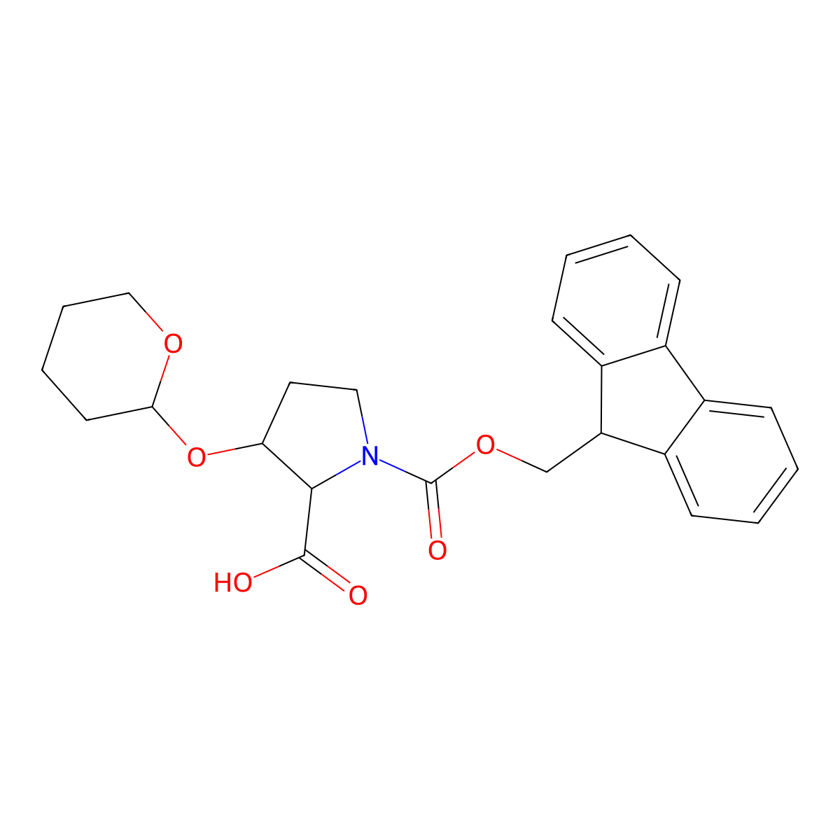 rel-(2S,3S)-1-(9H-fluoren-9-ylmethoxycarbonyl)-3-tetrahydropyran-2-yloxy-pyrrolidine-2-carboxylic acid molecular structure, CAS 2865160-84-3