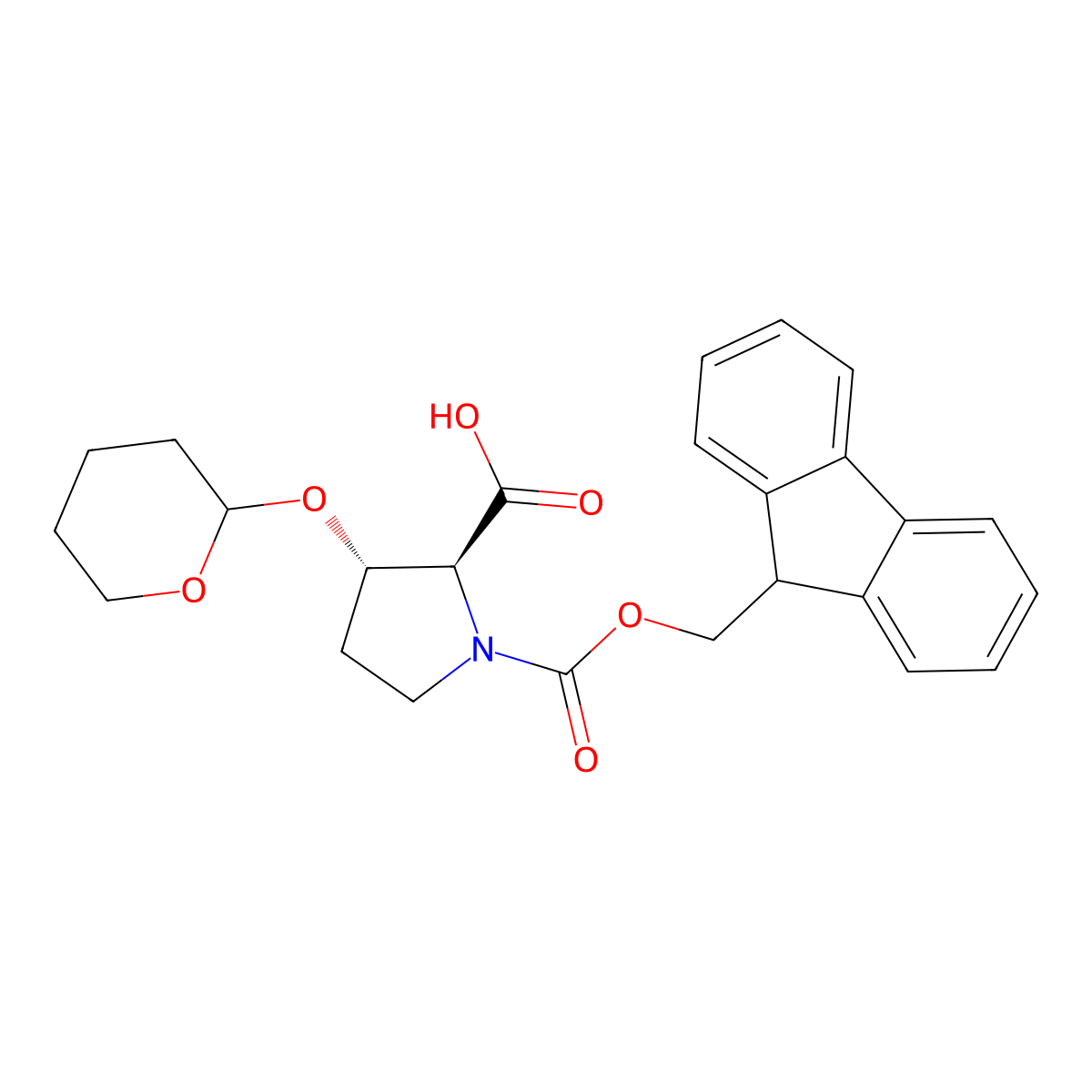 rel-(2S,3S)-1-(9H-fluoren-9-ylmethoxycarbonyl)-3-tetrahydropyran-2-yloxy-pyrrolidine-2-carboxylic acid molecular structure, CAS 2865160-84-3