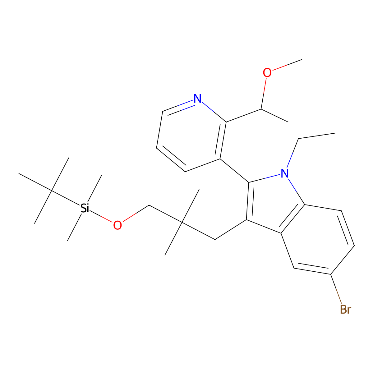 (S)-5-bromo-3-(3-((tert-butyldimethylsilyl)oxy)-2,2-dimethylpropyl)-1-ethyl-2-(2-(1-methoxyethyl)pyridin-3-yl)-1H-indole molecular structure, CAS 2865162-02-1