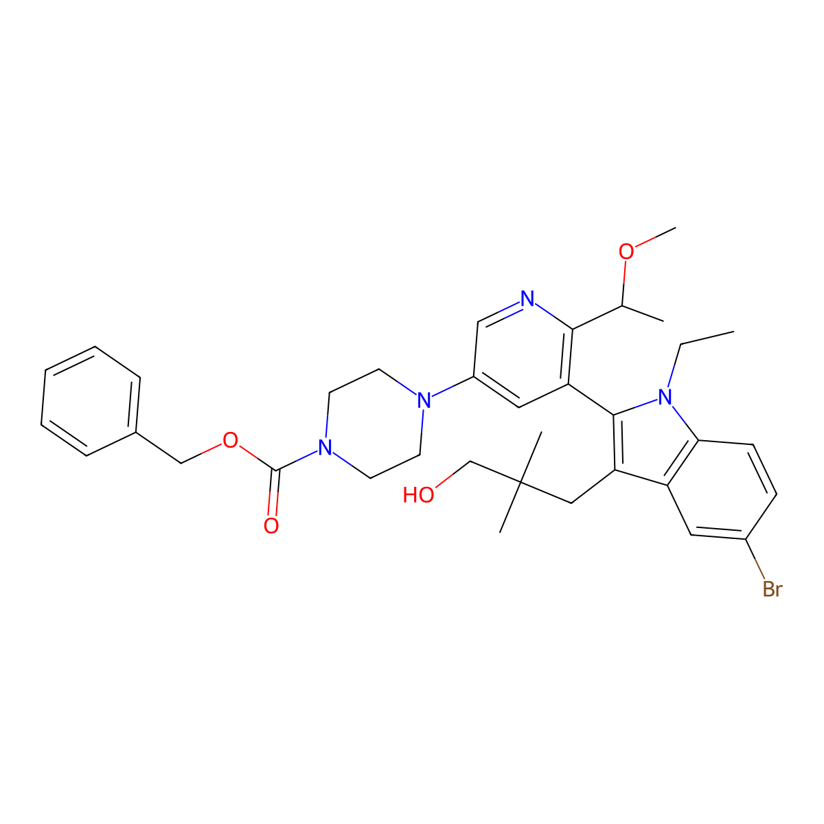 Benzyl (S)-4-(5-(5-bromo-1-ethyl-3-(3-hydroxy-2,2-dimethylpropyl)-1H-indol-2-YL)-6-(1-methoxyethyl)pyridin-3-YL)piperazine-1-carboxylate molecular structure, CAS 2865162-09-8