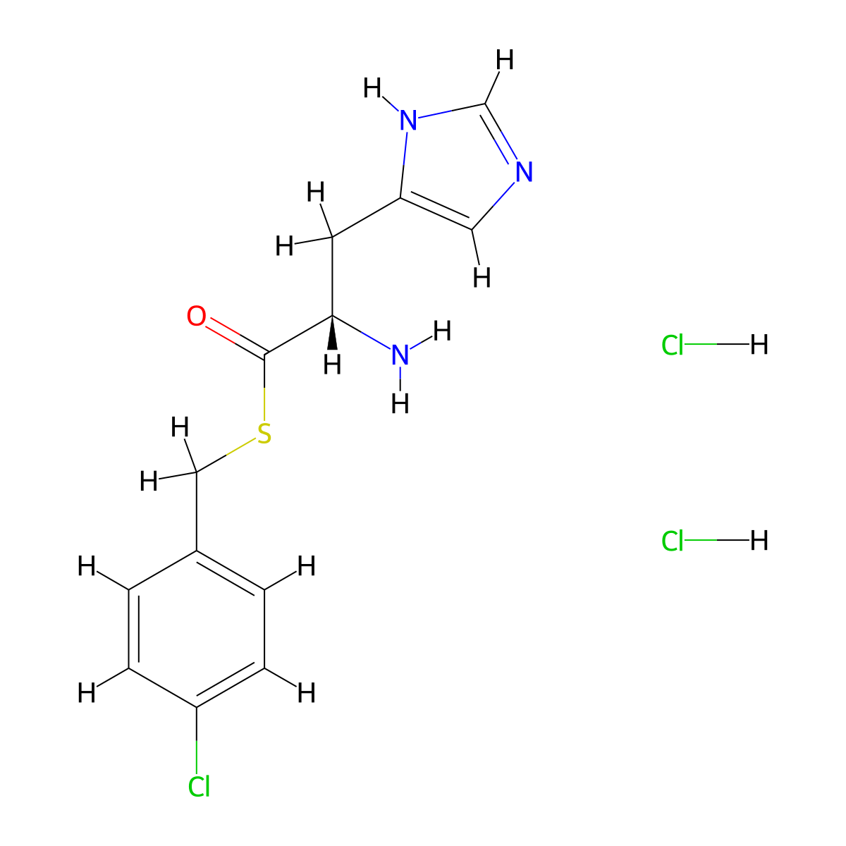 (2S)-2-amino-1-(((4-chlorophenyl)methyl)sulfanyl)-3-(1H-imidazol-4-yl)propan-1-one dihydrochloride molecular structure, CAS 2866253-97-4