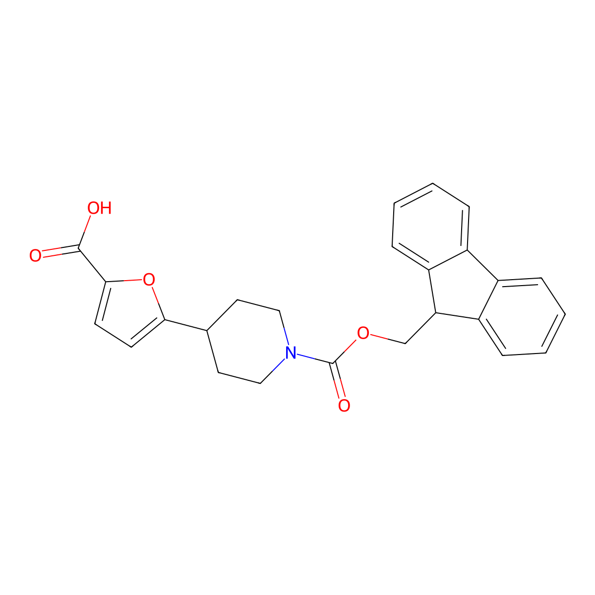 5-(1-(((9H-fluoren-9-yl)methoxy)carbonyl)piperidin-4-yl)furan-2-carboxylic acid molecular structure, CAS 2866308-21-4