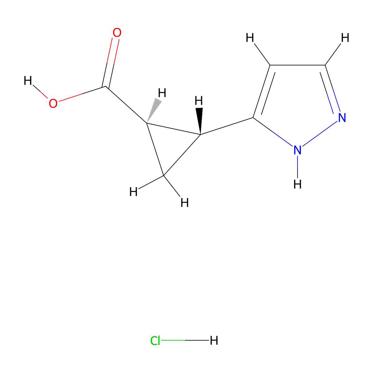 rac-(1R,2R)-2-(1H-pyrazol-3-yl)cyclopropane-1-carboxylic acid hydrochloride, trans molecular structure, CAS 2866316-77-8