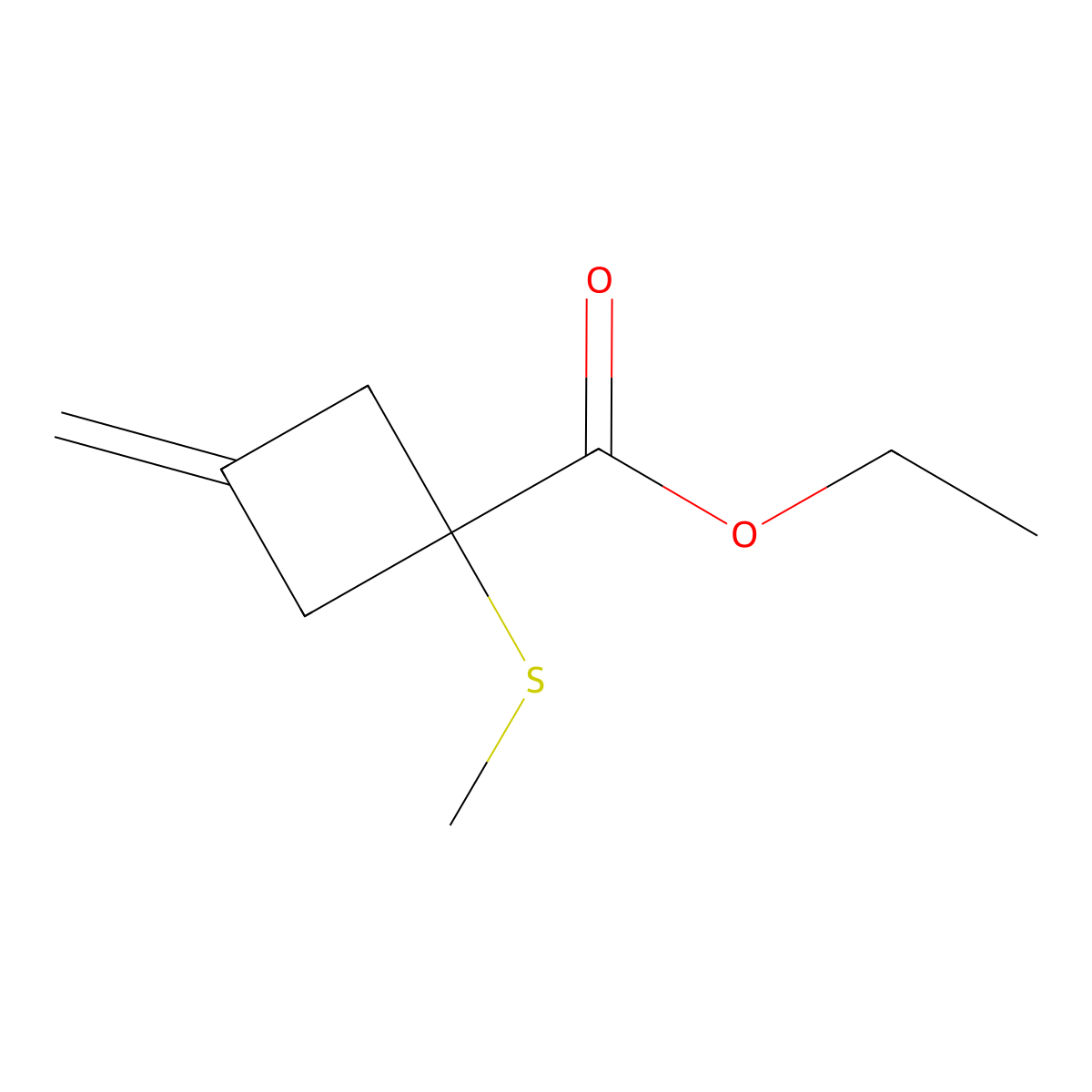 Ethyl 3-methylidene-1-(methylsulfanyl)cyclobutane-1-carboxylate molecular structure, CAS 2866318-59-2