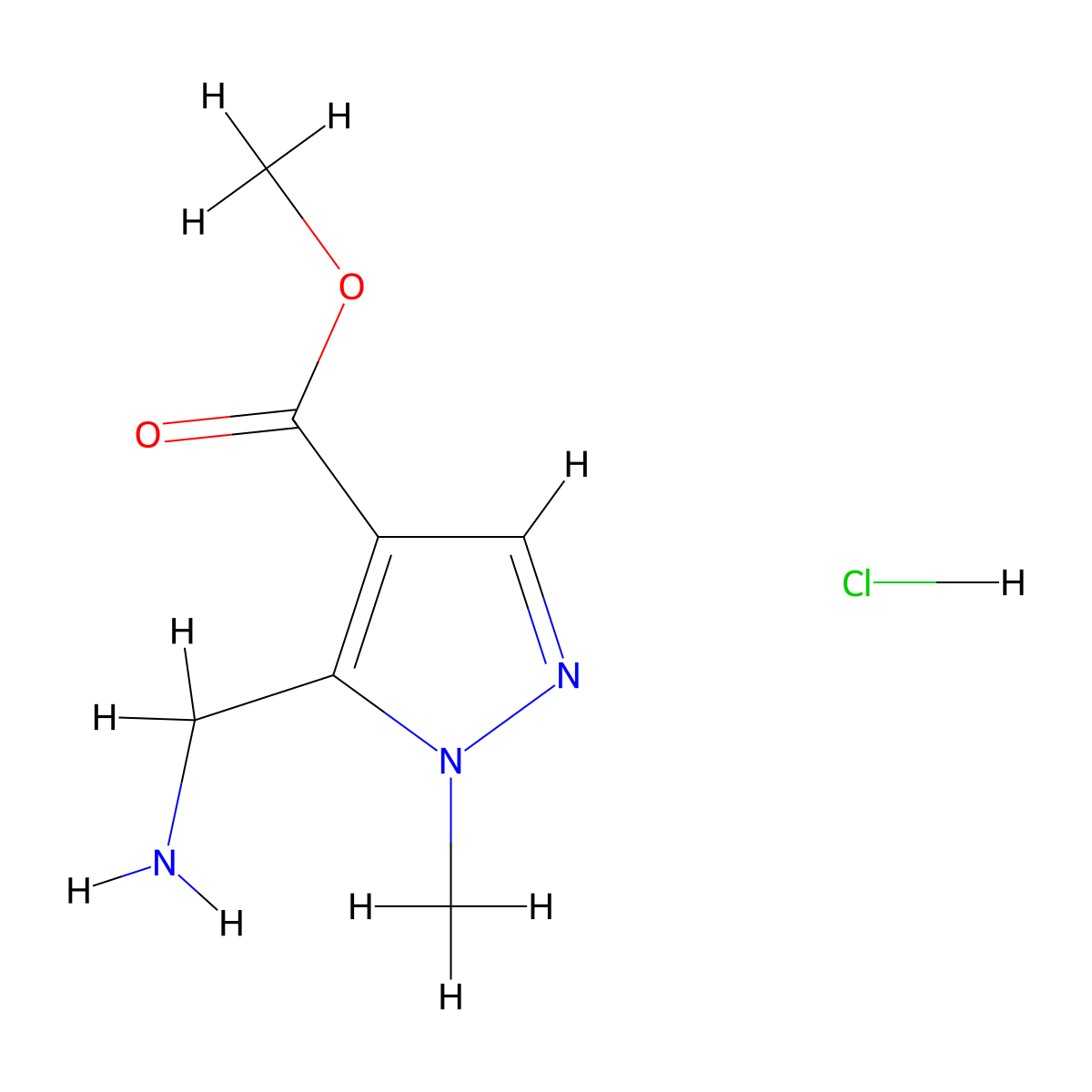 methyl 5-(aminomethyl)-1-methyl-1H-pyrazole-4-carboxylate hydrochloride molecular structure, CAS 2866319-23-3