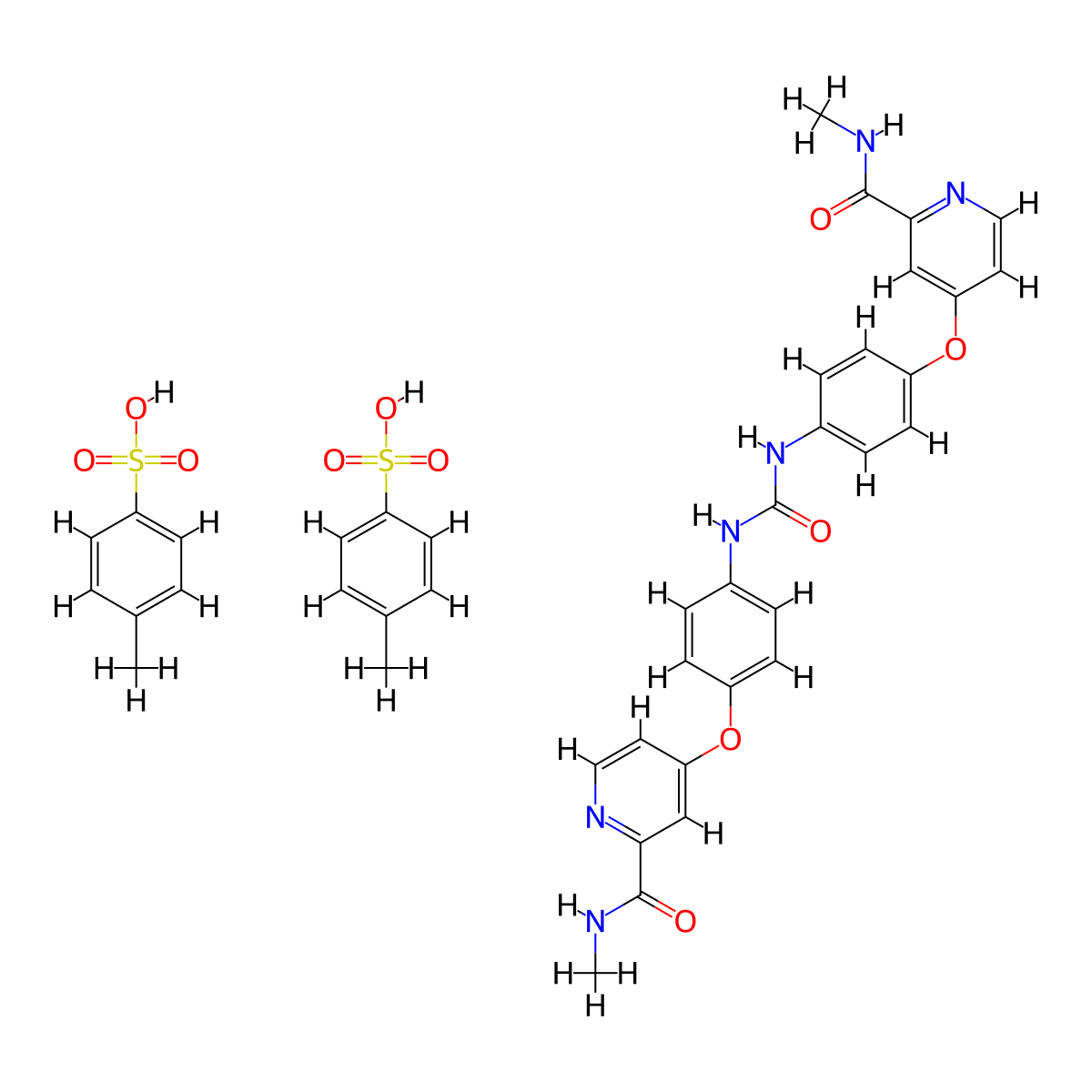 bis(4-methylbenzene-1-sulfonic acid), N-methyl-4-(4-{[(4-{[2-(methylcarbamoyl)pyridin-4-yl]oxy}phenyl)carbamoyl]amino}phenoxy)pyridine-2-carboxamide molecular structure, CAS 2866322-98-5