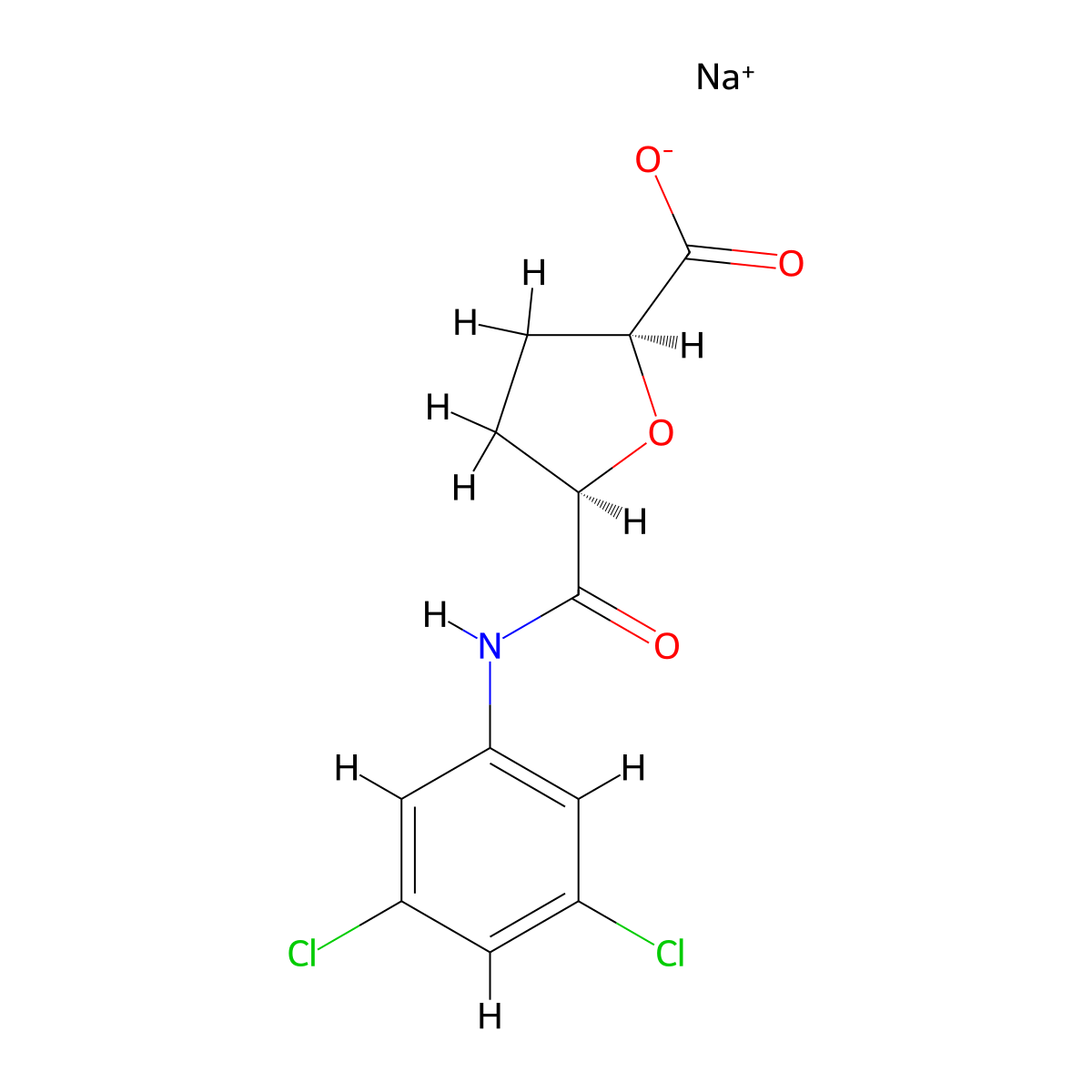 rac-sodium (2R,5S)-5-[(3,5-dichlorophenyl)carbamoyl]oxolane-2-carboxylate, cis molecular structure, CAS 2866323-30-8