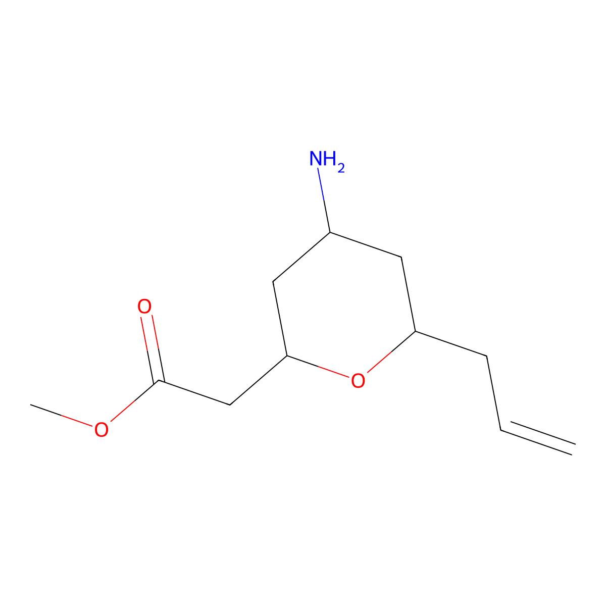 rac-methyl 2-[(2R,4R,6R)-4-amino-6-(prop-2-en-1-yl)oxan-2-yl]acetate molecular structure, CAS 2866323-56-8