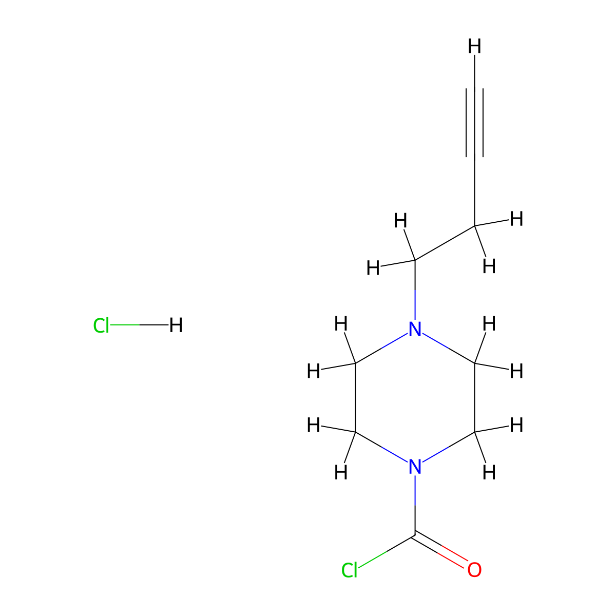 4-(But-3-yn-1-yl)piperazine-1-carbonyl chloride hydrochloride molecular structure, CAS 2866334-90-7
