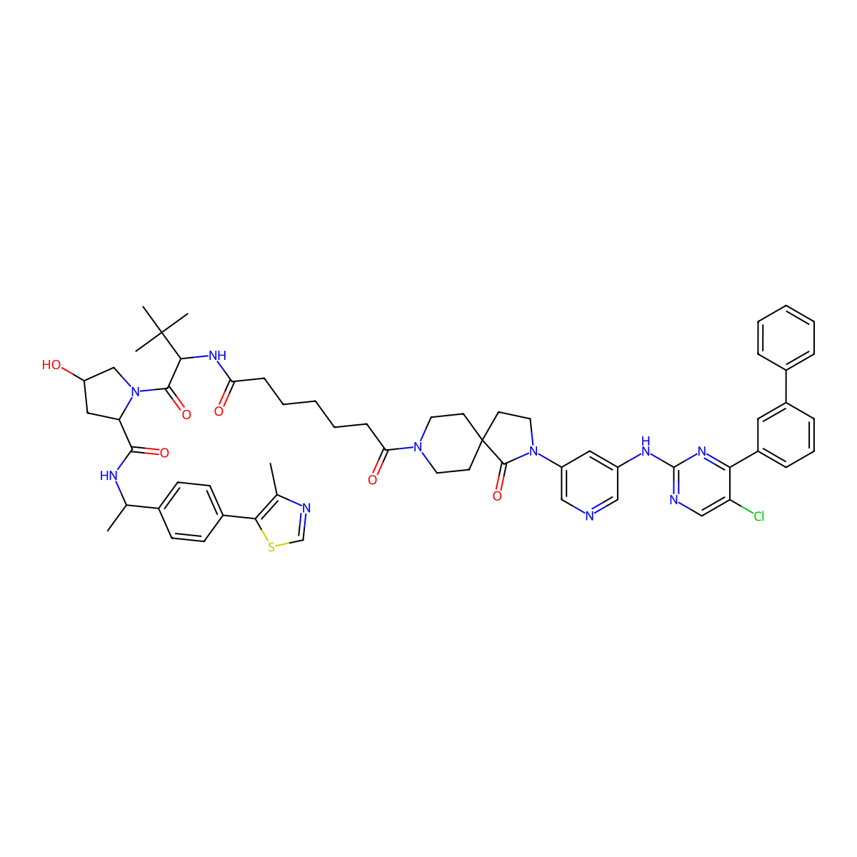 (2S,4R)-1-[(2S)-2-[[7-[2-[5-[[5-chloro-4-(3-phenylphenyl)pyrimidin-2-yl]amino]-3-pyridinyl]-1-oxo-2,8-diazaspiro[4.5]decan-8-yl]-7-oxoheptanoyl]amino]-3,3-dimethylbutanoyl]-4-hydroxy-N-[(1S)-1-[4-(4-methyl-1,3-thiazol-5-yl)phenyl]ethyl]pyrrolidine-2-carboxamide molecular structure, CAS 2867519-91-1