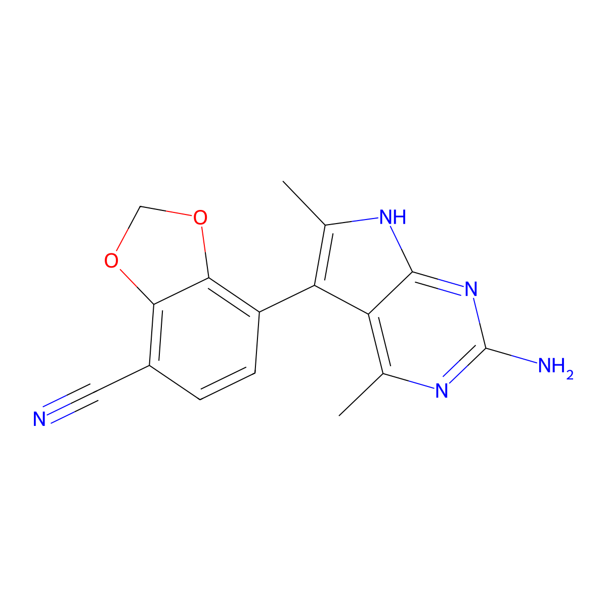 7-(2-amino-4,6-dimethyl-7H-pyrrolo[2,3-d]pyrimidin-5-yl)-1,3-benzodioxole-4-carbonitrile molecular structure, CAS 2868298-43-3