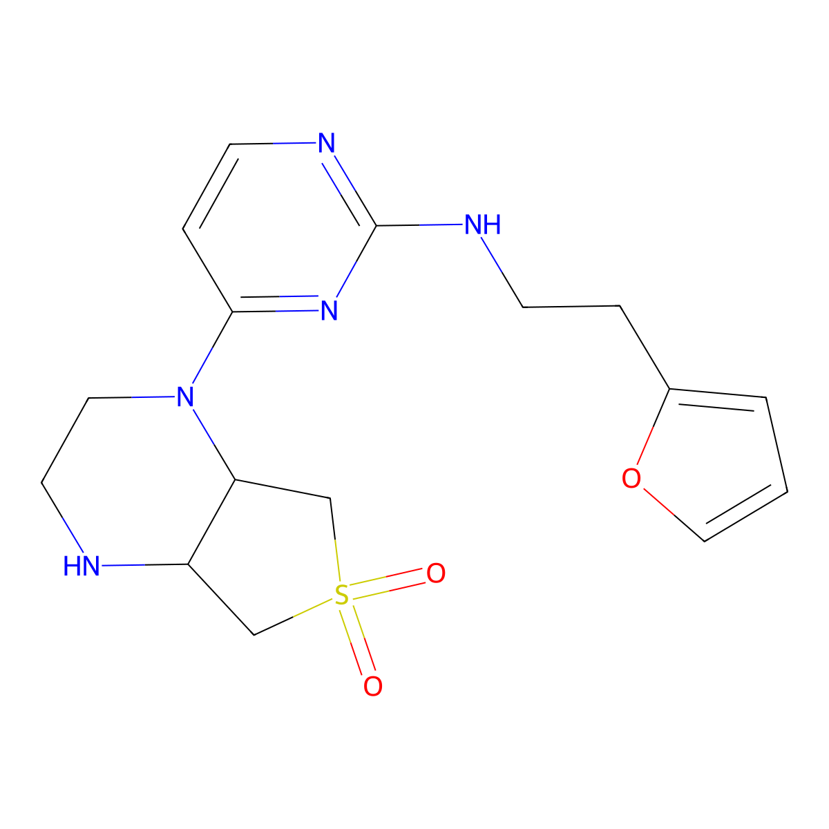 (4aR,7aS)-1-(2-{[2-(furan-2-yl)ethyl]amino}pyrimidin-4-yl)-octahydro-6lambda6-thieno[3,4-b]pyrazine-6,6-dione molecular structure, CAS 2869870-44-8